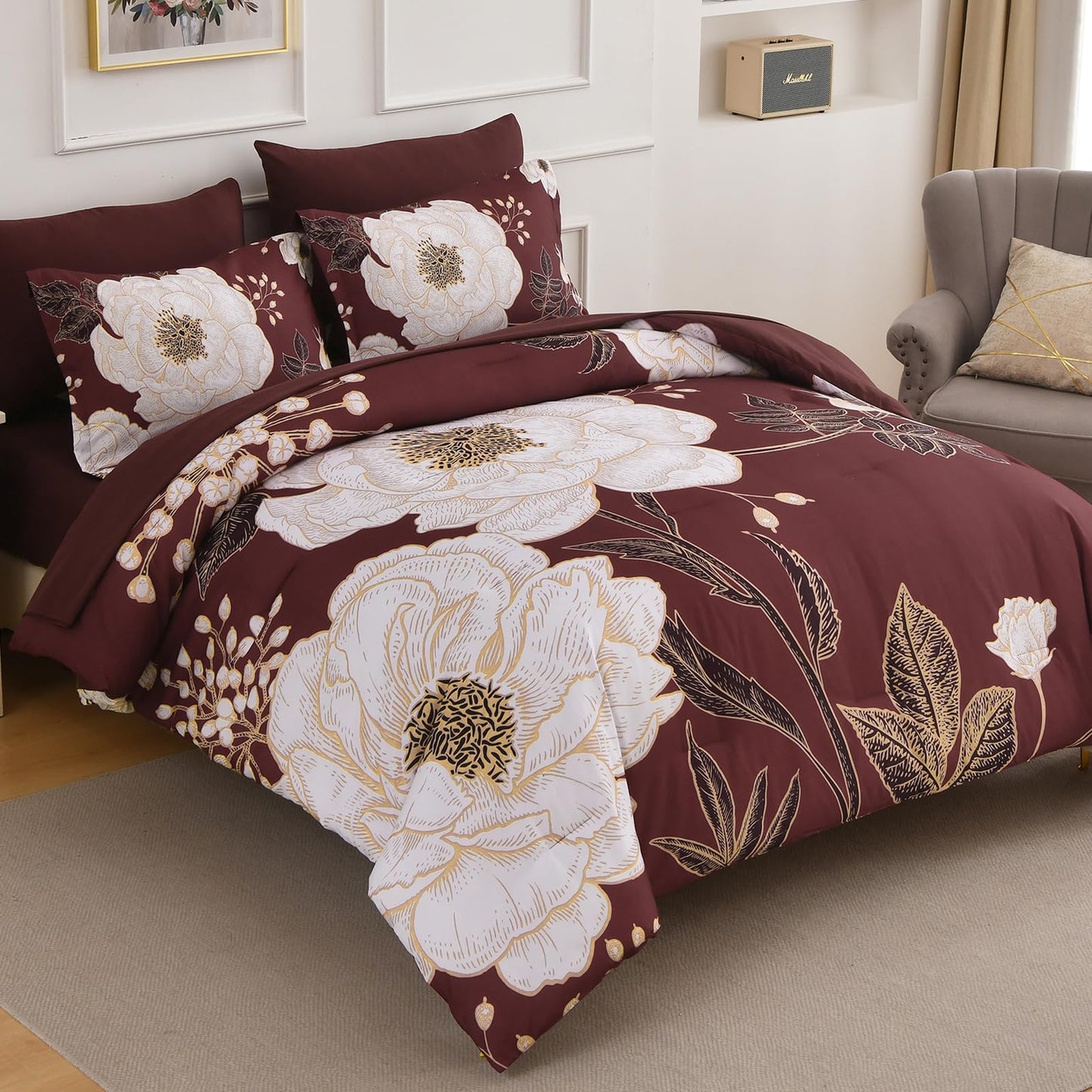 Luxudecor Burgundy Floral Queen Comforter Set 7 Pieces Bed in a Bag,Beige Flower Print on Burgundy Bedding Set,Soft Reversible Comforter with Sheets 90"x90"