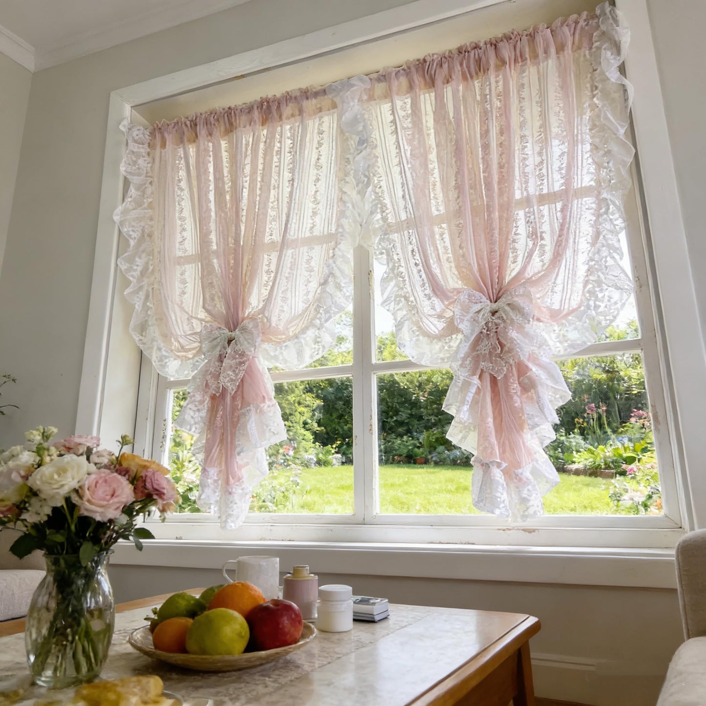NewWPKIRA Floral Embroidery Sheer Lace Curtain with Ruffle Trim Romantic Gauze Curtains for Girl's Bedroom Living Room Rod Pocket Top 2 Panels (Pink,W59 x L47 inches)