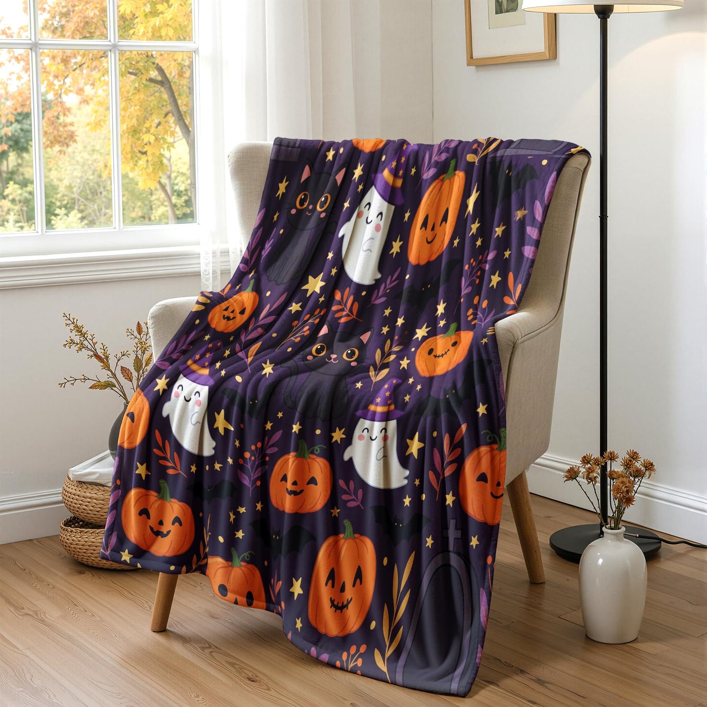 GEDAEUBA Pumpkin Blanket Cute - Halloween Ghost Jack O Lantern Bat Black Cat Fleece Blanket Throw, Soft Cozy Blankets & Throws for Couch, Bed, and Sofa, 50x60 inches