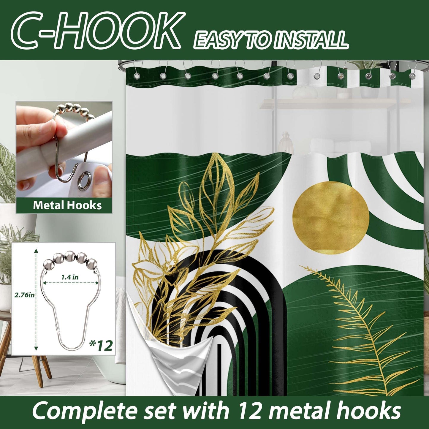 Bxpaitx Olive Green Bohemian See Through Mesh Top Shower Curtain with Window, Emerald Green Mid Century Modern Double Layer Shower Curtains with Snap in Liner, Waterproof Fabric with Hooks, 71x 72 in
