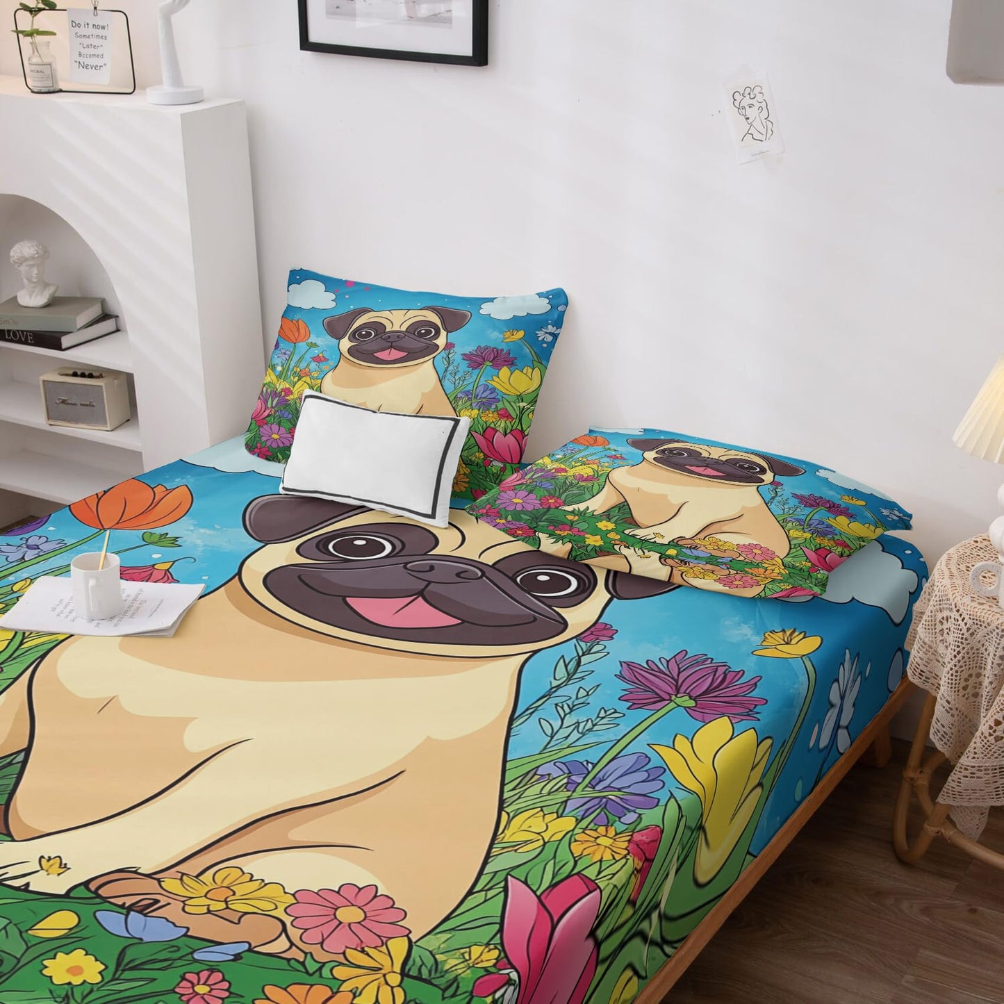 Rejkxyw King Size Sheets Set Cartoon French Bulldog - Puppy Dog Bed Sheets - Kids Boys Girls Sheet Set - 12 Inch Deep Pocket - Ultra Soft Winkle Free Microfiber Bedding Sheets & Pillowcases 4 Piece