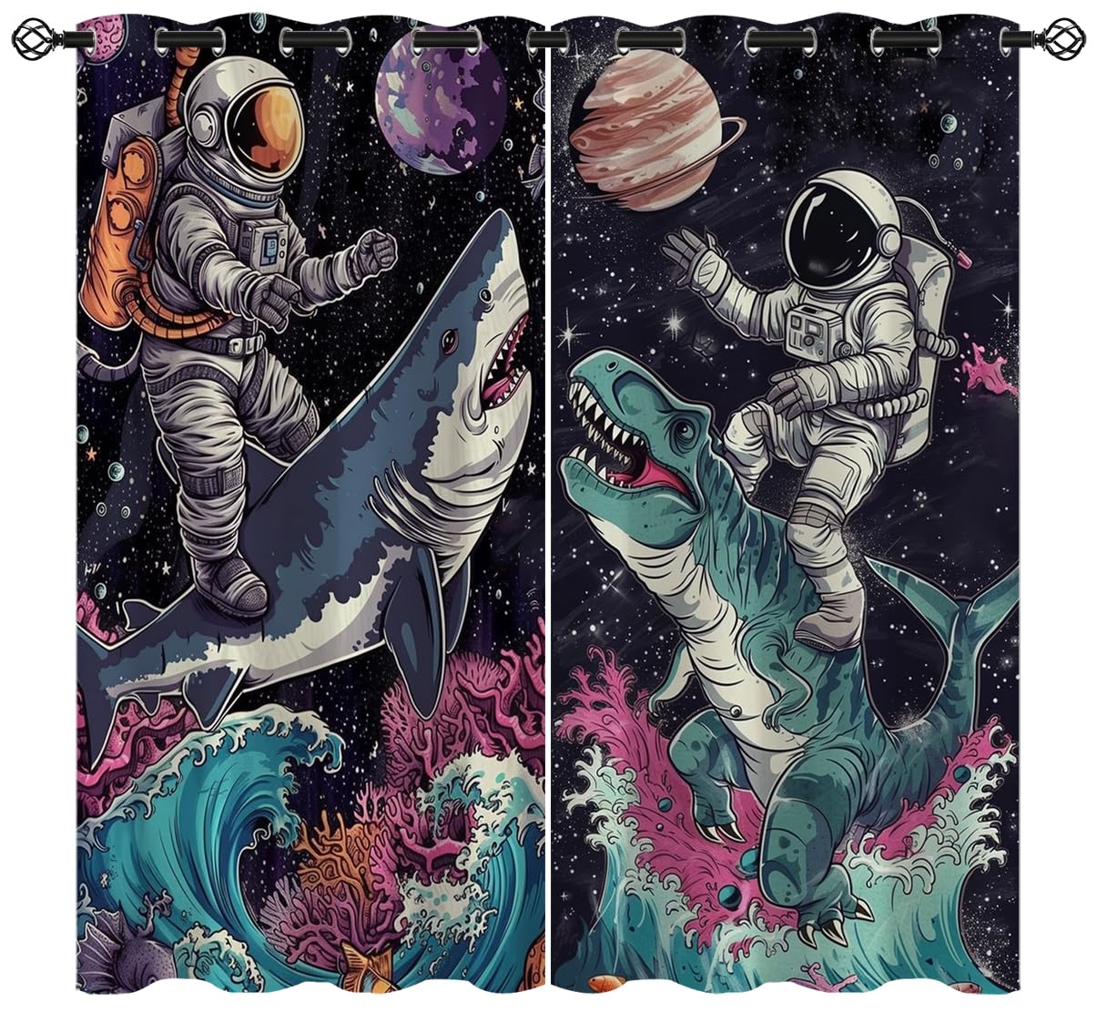 Naiice Funny Astronaut Blackout Curtains for Girls Boys Home Decor, Fantasy Dinosaur Shark Galaxy Grommet Thermal Insulated Drapes Darkening Window Curtain for Bedroom Living Room, 42 x 45 Inch
