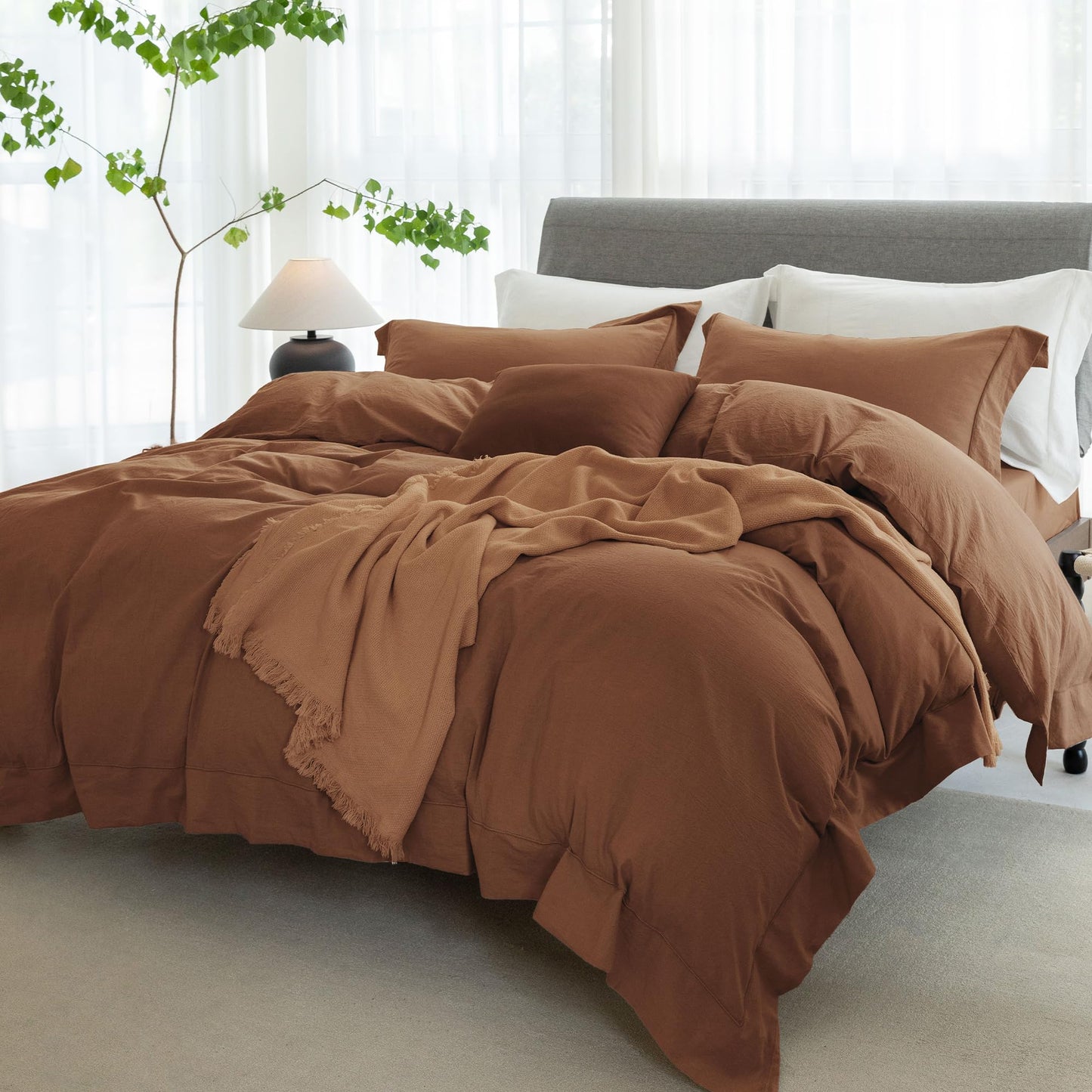 ELIMMO Queen Duvet Cover - 3 Piece 100% Washed Cotton Linen Feel Bedding Set, All Season Breathable Cozy, Double Stitched Hem, Hemmed Dark Orange,90"x90"
