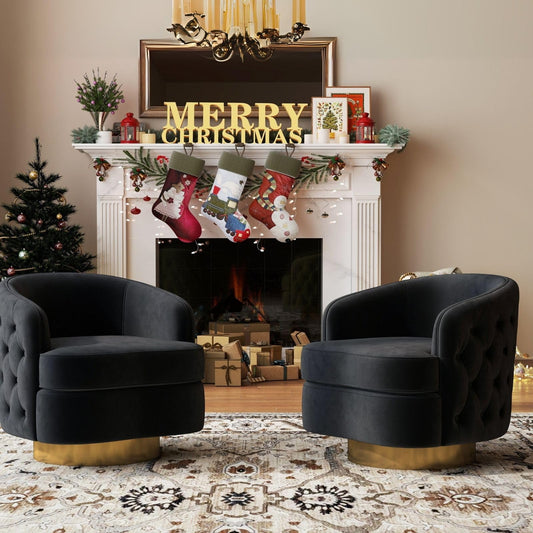 Hyfirm Set of 2 Modern Black Swivel Accent Chairs, 360° Velvet Barrel Chairs with Hand-Tufted Back, 6" Thick Cushion, Upholstered Round Armchairs with Gold Metal Base for Living Room Bedroom