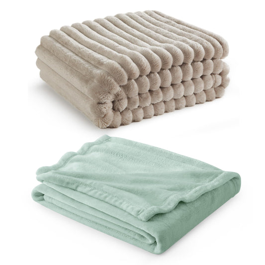 Bedsure Fleece Blanket Twin Size (Beige & Sage Green)