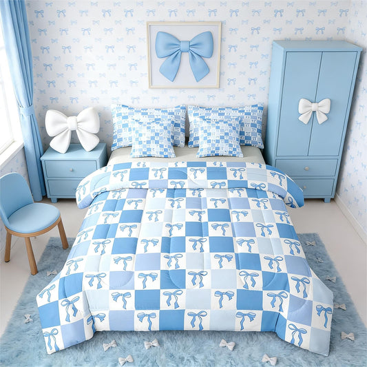 Erosebridal Ribbon Bow 7 Piece Bedding Set Twin Comforter Set with Sheets Princess Preppy Bowknot Kawaii Bed in a Bag Dreamy Grid Check Blue for Kids Girls Women