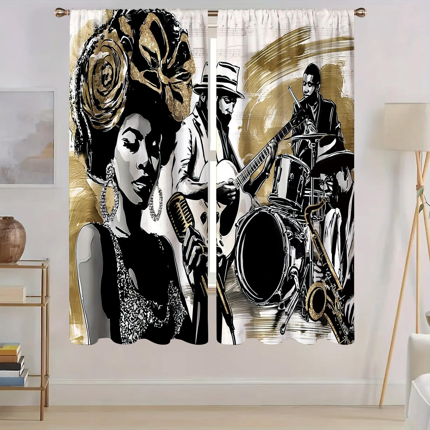 Glioown African American Window Curtains, Jazz Music Light-Filtering Drapes for Living Room Bedroom, Hippie Band Rod Pocket Window Treatments (2 Panels, 42 x 63 in)