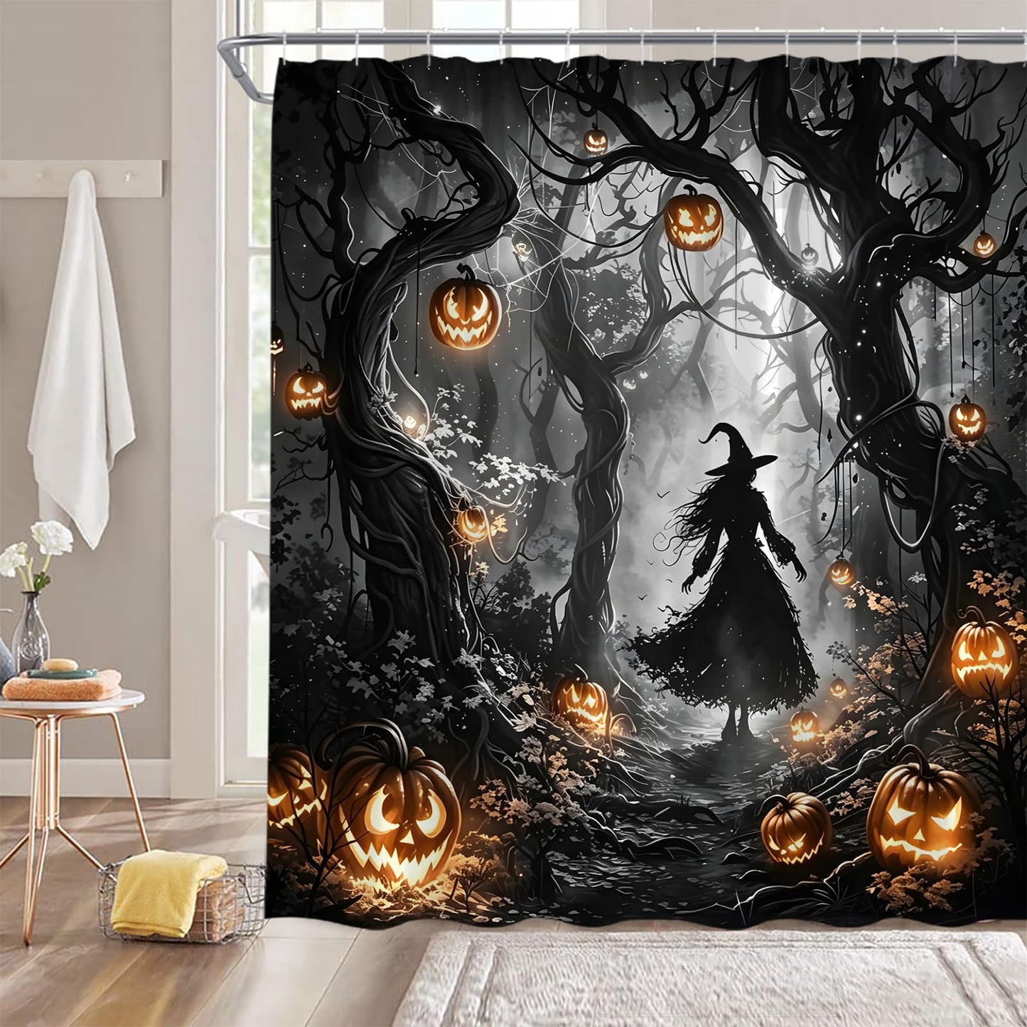 DSMEUE Halloween Witch Shower Curtain,Spooky Haunted Forest with Pumpkin Decor for Bathroom,Dark Gothic Black Orange Fabric Curtain with Hooks,70x70 Inch