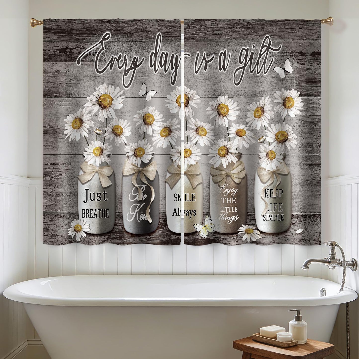 Cizuug Farmhouse Daisy Kitchen CurtainsRustic Vintage Flower Inspirational Small Short Cafe Window Curtains Wooden Country Quotes Bathroom Tier Window Treatment Drapes 2 Panels