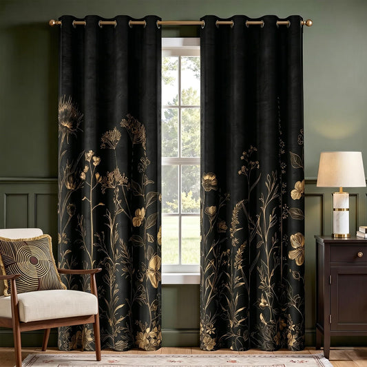 Aeivice Black and Gold Blackout Curtains, Boho Vintage Floral Curtains, Dark Aesthetic Wildflower Botanical Flowers Grommet Drapes 2 Panels, Farmhouse Bedroom Living Room Decor 52X84 Inch