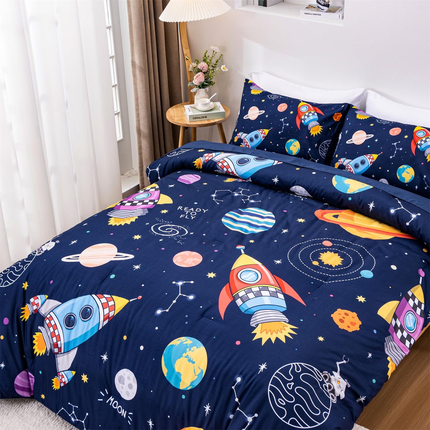 Aimuan Space Comforter Twin Set Kids Rocket Bedding Set Super Soft & Cute Aliens UFO Printed for Boys Girls Teen (Navy, Full 5Pcs)