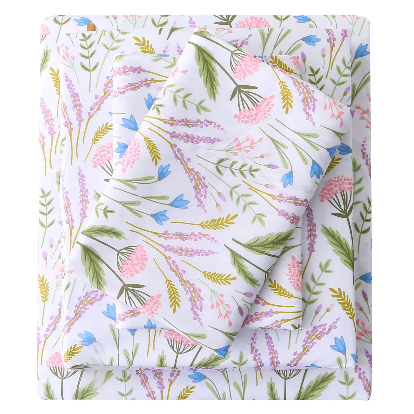 Viviland Floral Twin Sheet Set - 3 Piece Lavender & Blue Bell Pink Cluster Botanical Patterned Bed Sheets - Soft, Breathable Microfiber Sheets with Deep Pocket, Non-Slip Fitted Sheets & Pillowcases