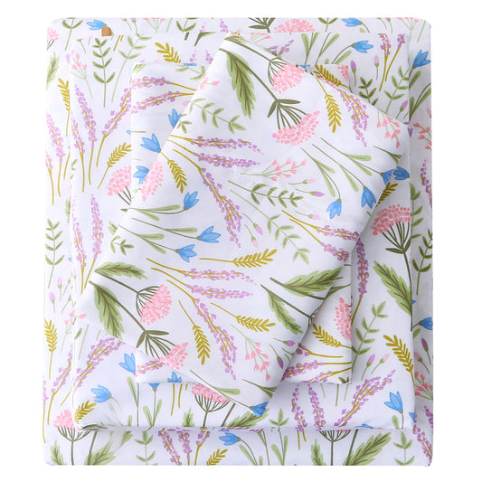 Viviland Floral Twin Sheet Set - 3 Piece Lavender & Blue Bell Pink Cluster Botanical Patterned Bed Sheets - Soft, Breathable Microfiber Sheets with Deep Pocket, Non-Slip Fitted Sheets & Pillowcases