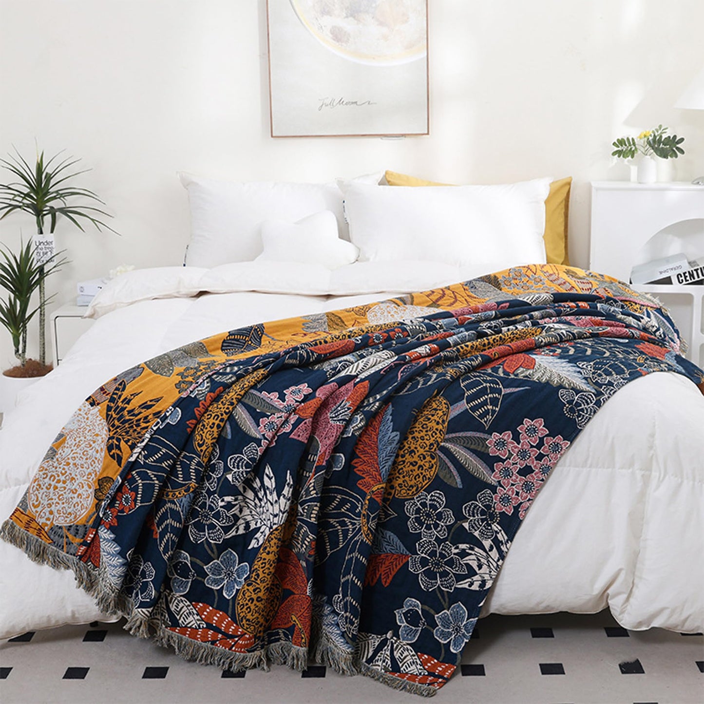 BRYALIX 100% Cotton Muslin Floral and Leopard Blanket, Super Soft Decorative for Couch, Bed Chair Travel Quilt, Reversible Jacquard Fall Coverlet, Lightweight Boho Farmhouse Picnic Blanket, 60"x80"
