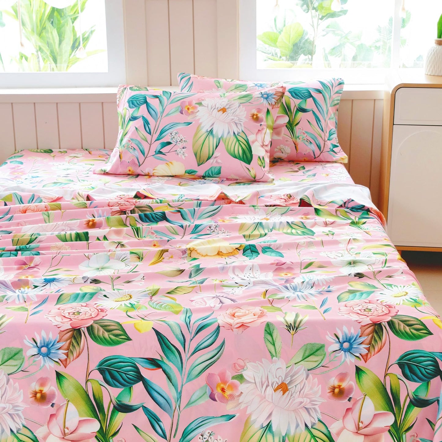 MICORAL Boho Floral Queen Sheet Set, 4-Piece Printed Botanical Bed Sheets, 16" Deep Pocket, Ultra Soft & Cooling Sheet, Oeko-TEX Certified, Blossoming Pink