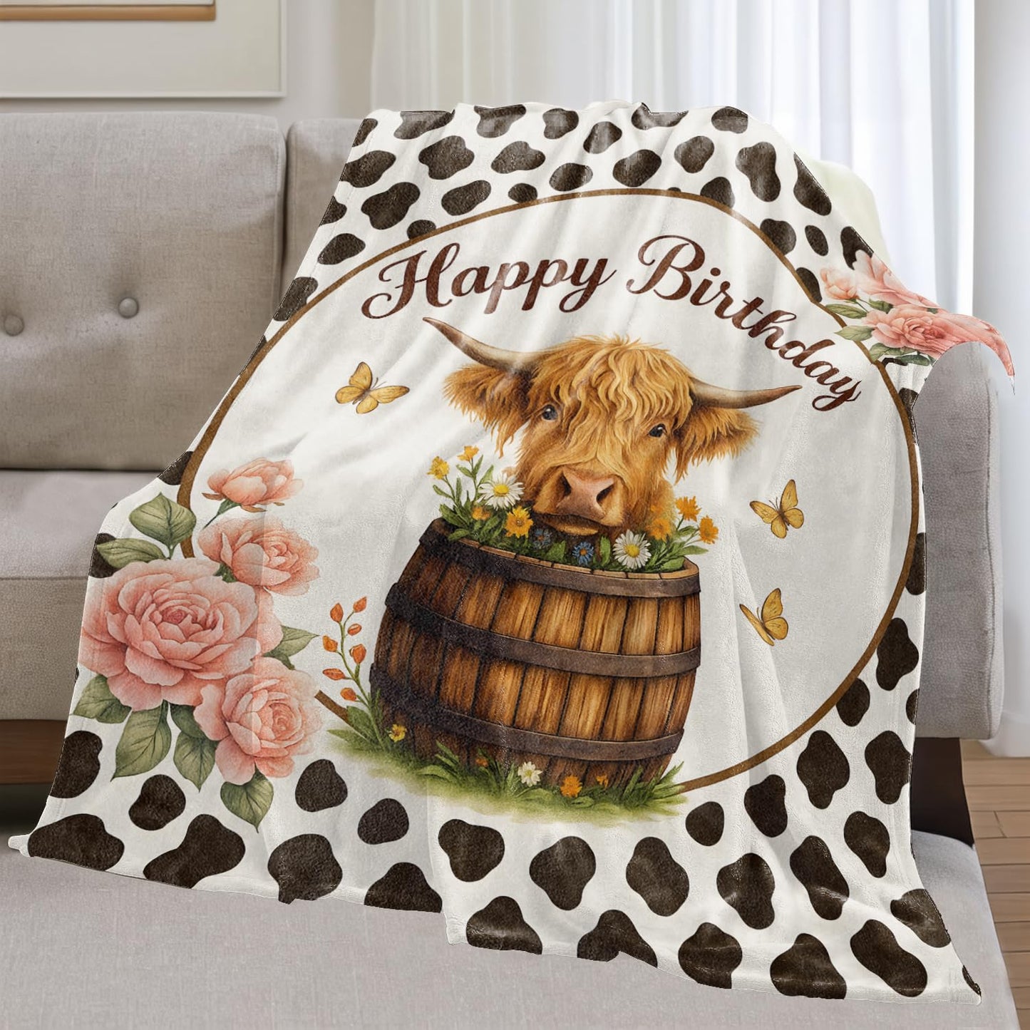 olpddz Highland Cow Flannel Blanket Birthday Gifts for Women,60x50inch,Cute Farm Theme Throw Blankets with Floral,Barrel and Butterfly,for Bedroom,Sofa,Living Room,Camping Decor Throws