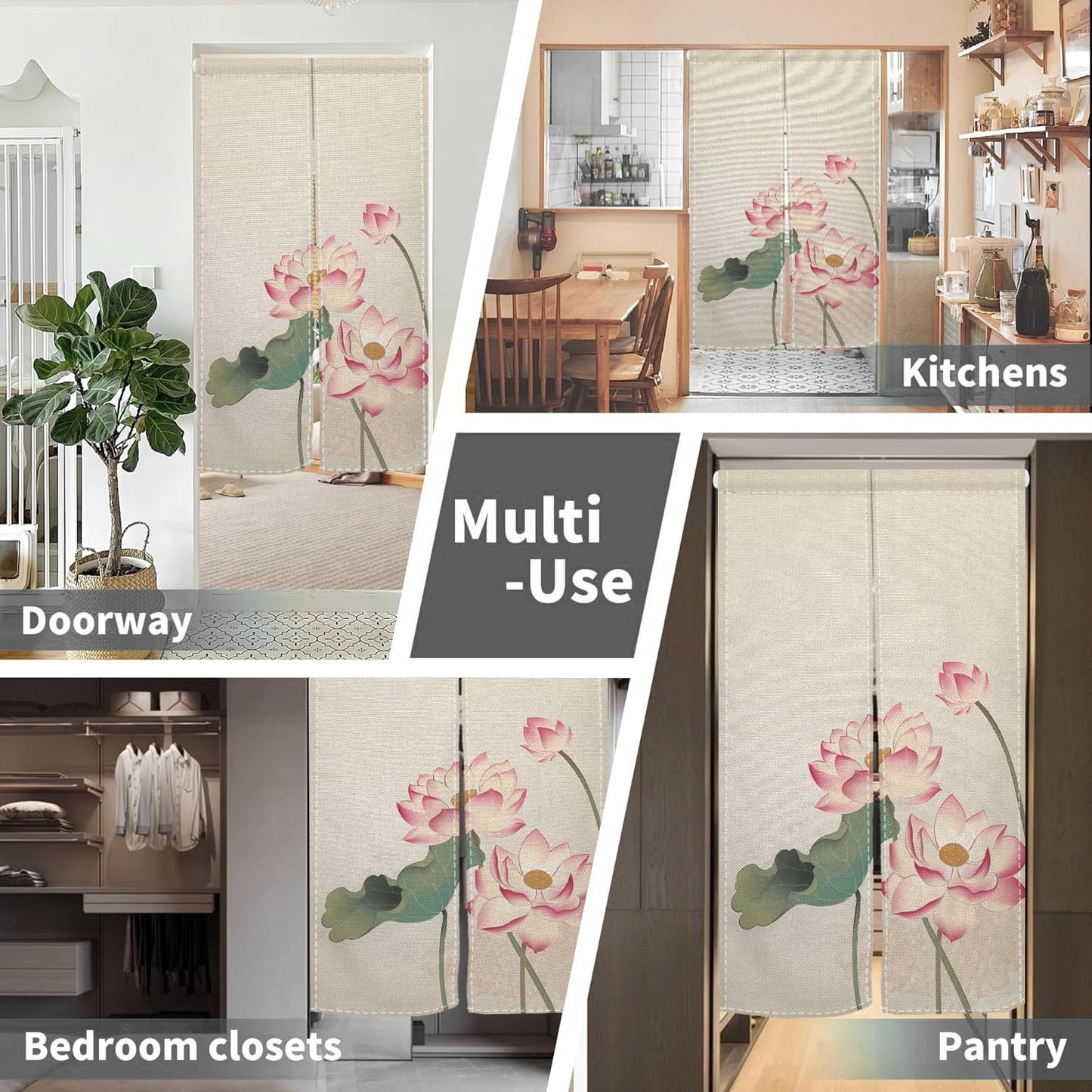 Leowefowa Long Style Noren Japanese Doorway Curtain Traditional Lotus Printed Window Treatment Fengshui Door Curatin Tapestry for Hanging Room Divider Curtains Kitchen Door Home Decor, 33.5"x 70.9"