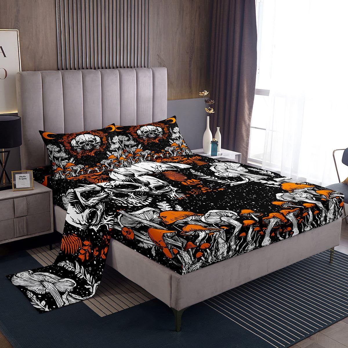 Erosebridal Gothic Skull Sheet & Pillowcase Sets Halloween Bed Sheets Aesthetic Mushroom Sheet Set Queen Hippie Moon Phase Sheets Cosmos Celestial Bed Sets for Kids Teens Room Decor