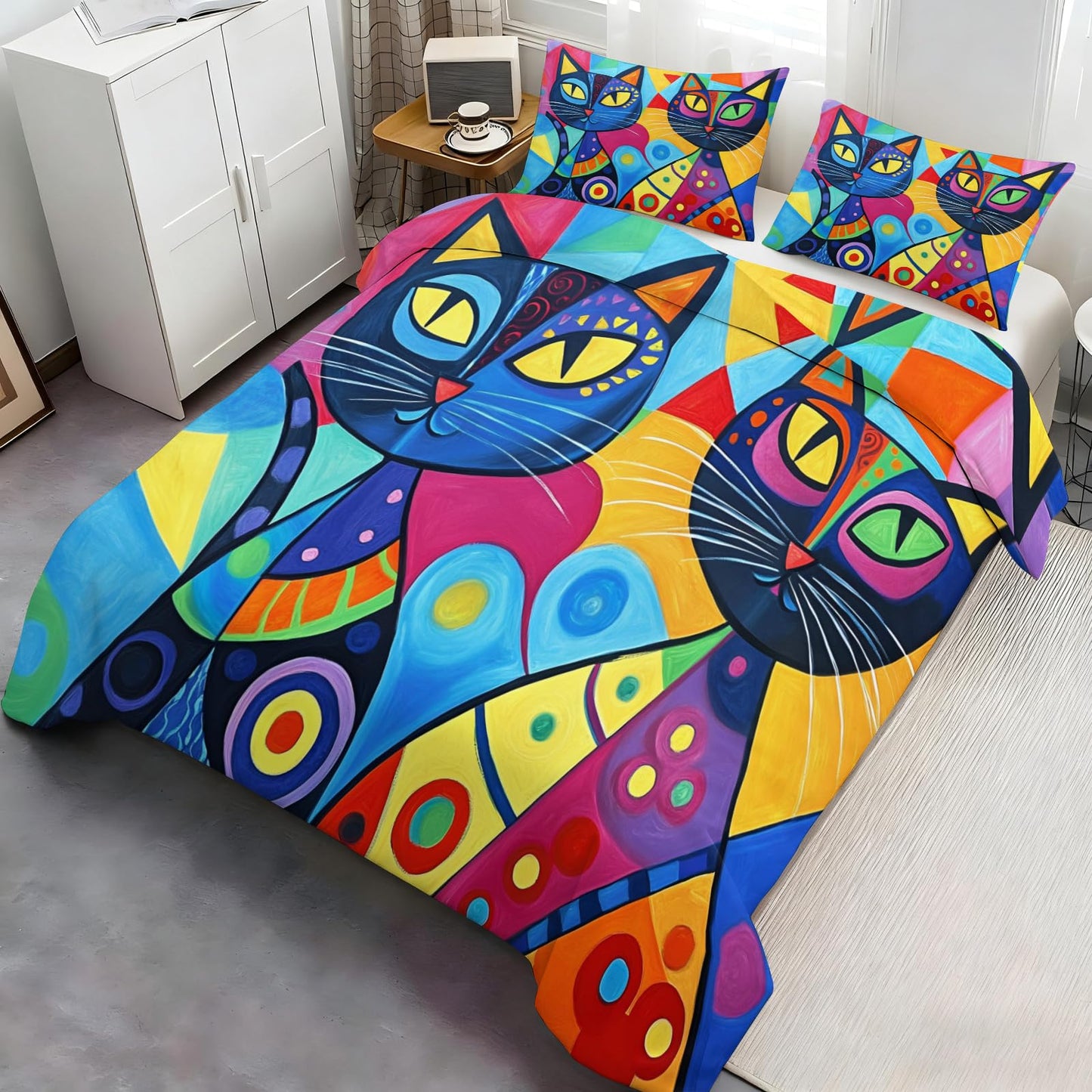 ZAMODE Cat Duvet Cover Queen Size, Abstract Kitten Comforter Cover 90" x 90" & 2 Pillowcases, Cartoon Colorful Cat Bedding Set with Zipper Ties