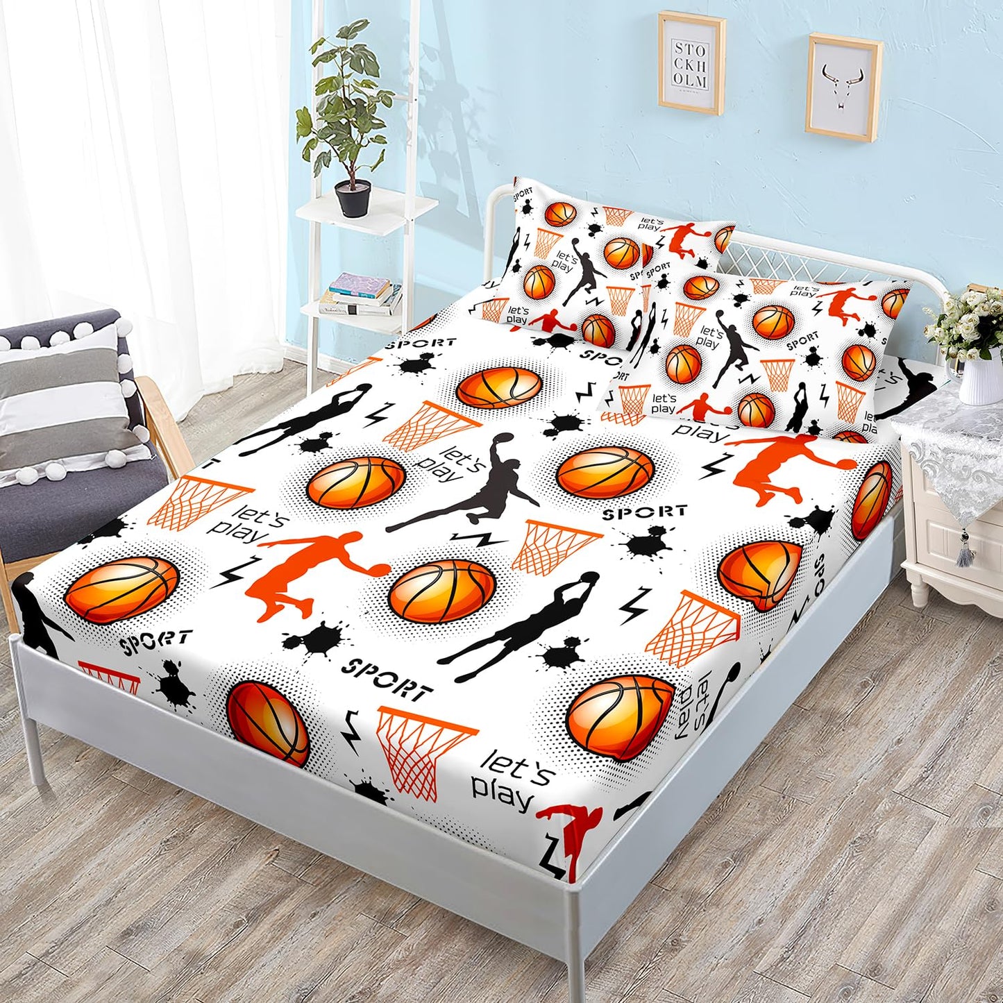 HOSIMA Basketball Twin Bedding Sets for Boys Room Decor,Various Postures of Shooting Print Fitted Sheet,Basket and Basketball Pattern Teens Sports Bedding,1 Fitted Sheet+2 Pillowcases.