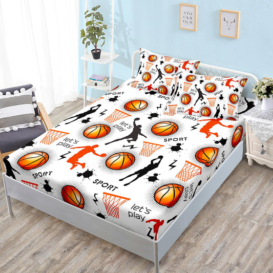 HOSIMA Basketball Twin Bedding Sets for Boys Room Decor,Various Postures of Shooting Print Fitted Sheet,Basket and Basketball Pattern Teens Sports Bedding,1 Fitted Sheet+2 Pillowcases.