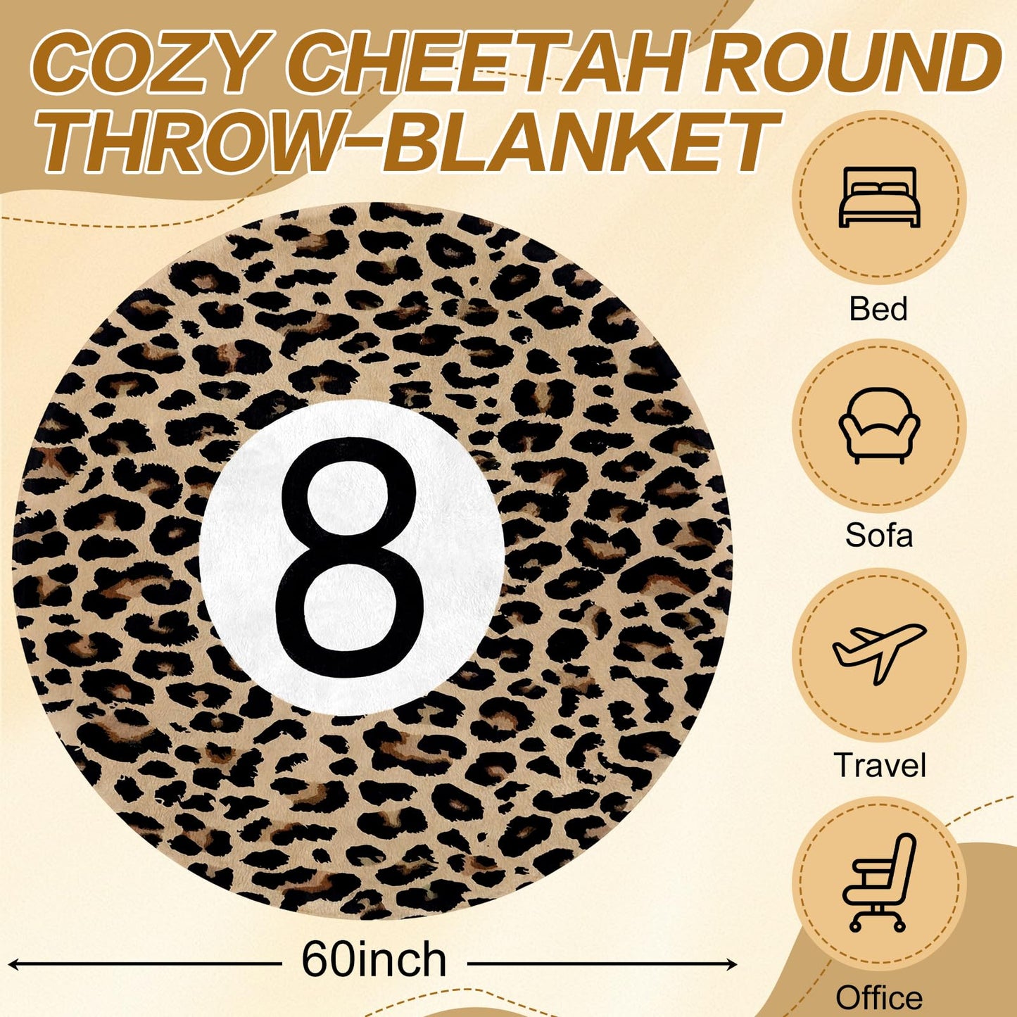 Lumina Garden Cheetah 8 Ball Throw Blanket, 60" Round Leopard Print Blanket Fleece Soft Cozy Fluffy Plush Couch Throw Area Rug Y2k Novelty Decor for Bed Sofa Bedroom Living Indoor Travel Home
