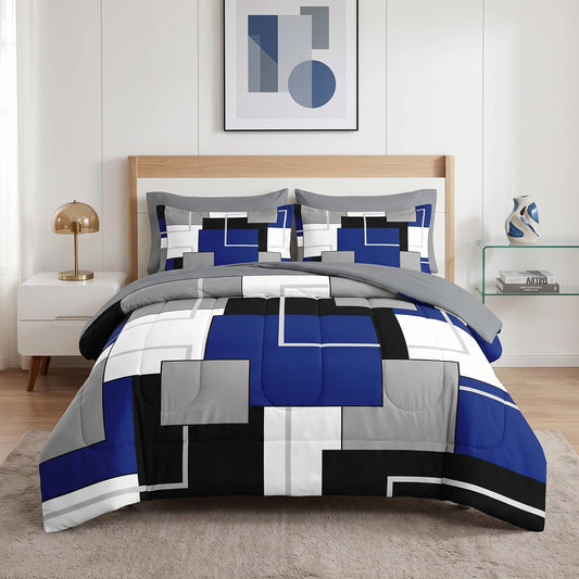 Nesker Comforter Set Full Size, Blue Black Geometric 7 Pcs Bedding for Kids and Adults, Abstract Modern Grey Bed Sheet Sets with Fitted Sheet 2 Pillowcases & 2 Shams