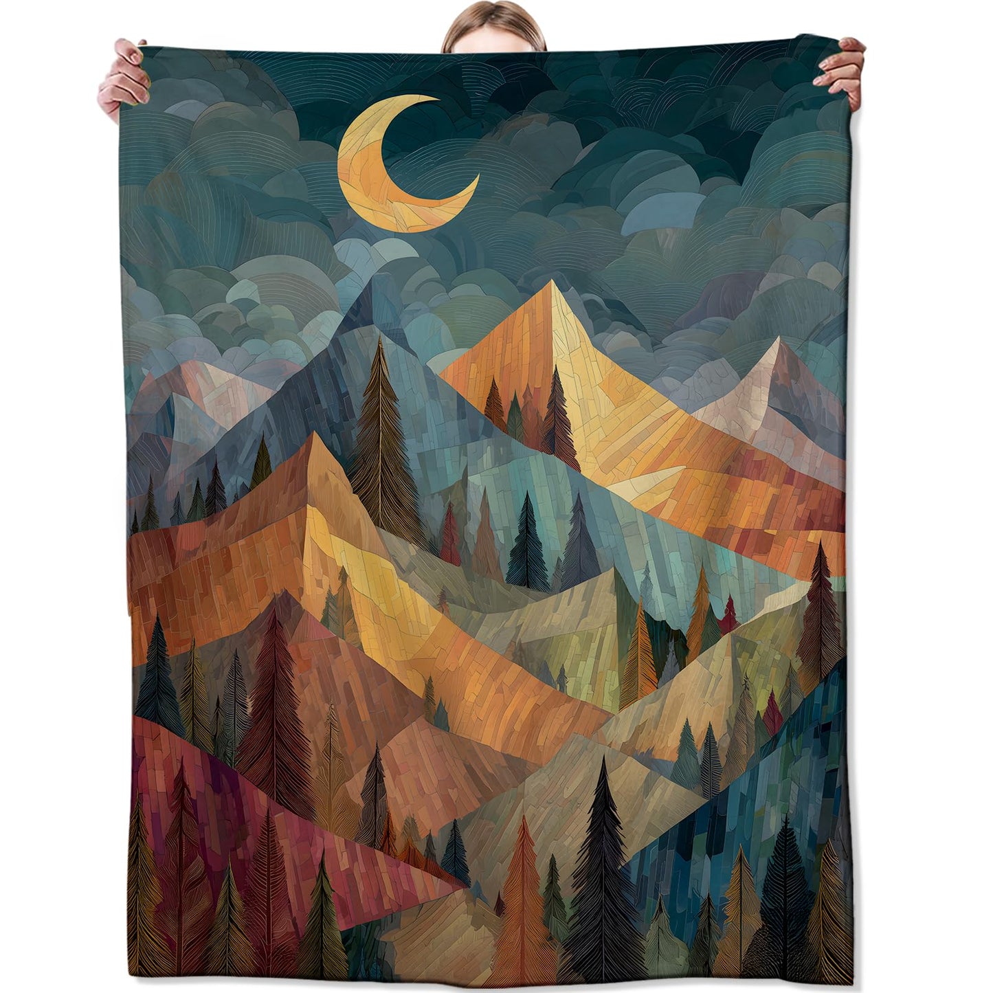 Zeleda Mountain Blanket, Gifts for Nature and Abstract Art Lovers, Lightweight Flannel Throw Blankets, Geometric Landscape with Moon Forest Throws Home Decor, for Couch Living Room Office, 60x50inch