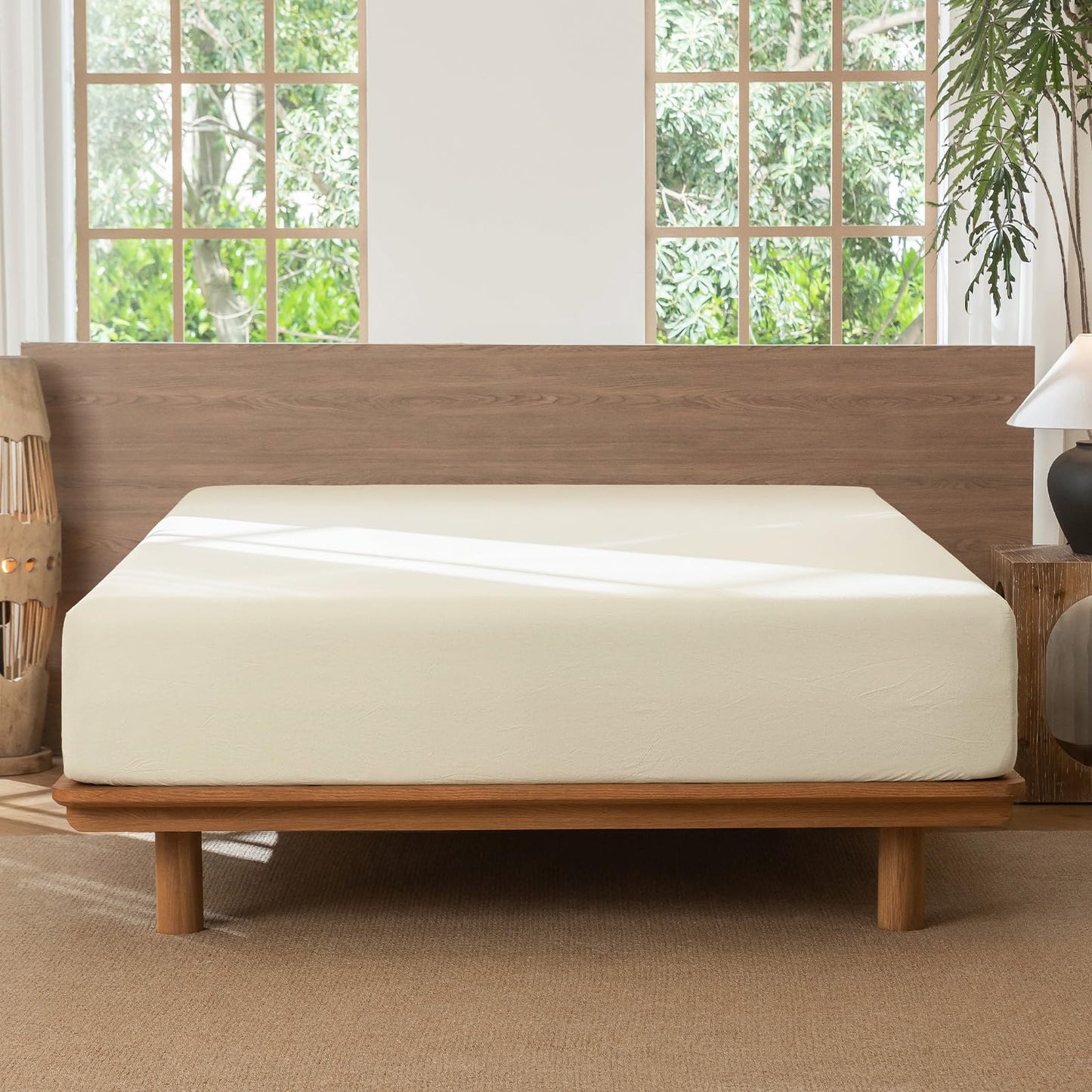 MooMee Fitted Bottom Sheet Only 100% Washed Cotton Linen Like Textured Breathable Durable Soft Comfy Deep Pocket Fits Mattress up to 17" (Cream White, Queen)