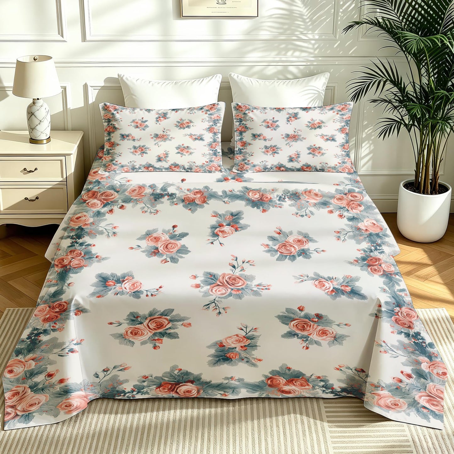 Pink Roses Sheet Set, 4 Pcs Full Size Girls Floral Bed Sheets