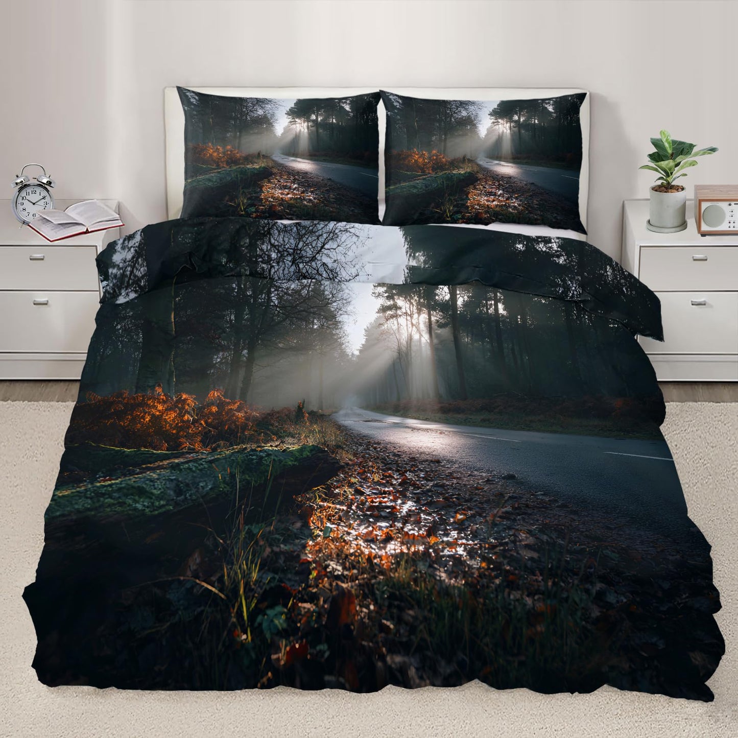 Forest Duvet Cover 80" x 90", Sunshine Forest Bedding Set, Dark Natural Landscape Comforter Cover with Zipper Ties
