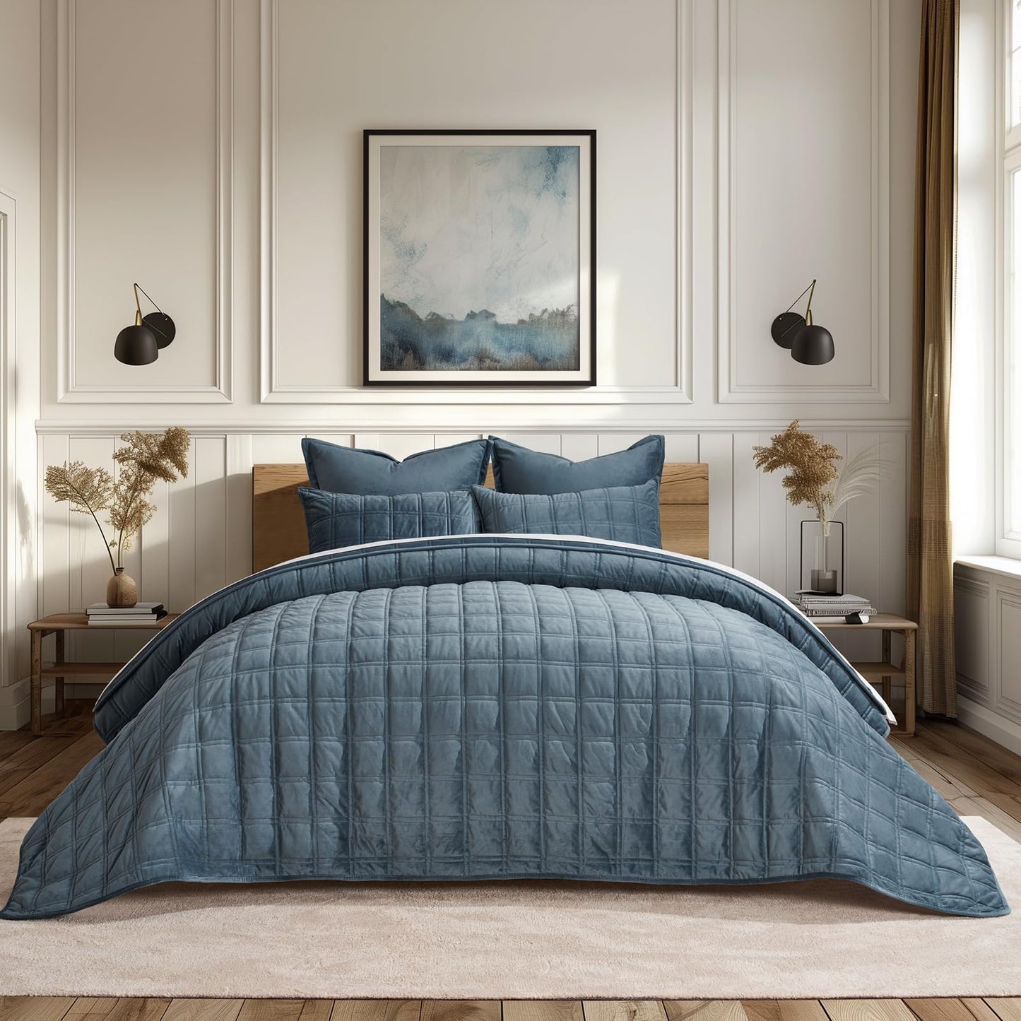 EVERGRACE 3 Pieces Luxurious Velvet Quilt King Size, Ultra Soft Bedspread Coverlet Set, Double Box Stitch Lightweight Velvet Comforter for All Season with 2 Shams, Stormy Blue, 108"x96"