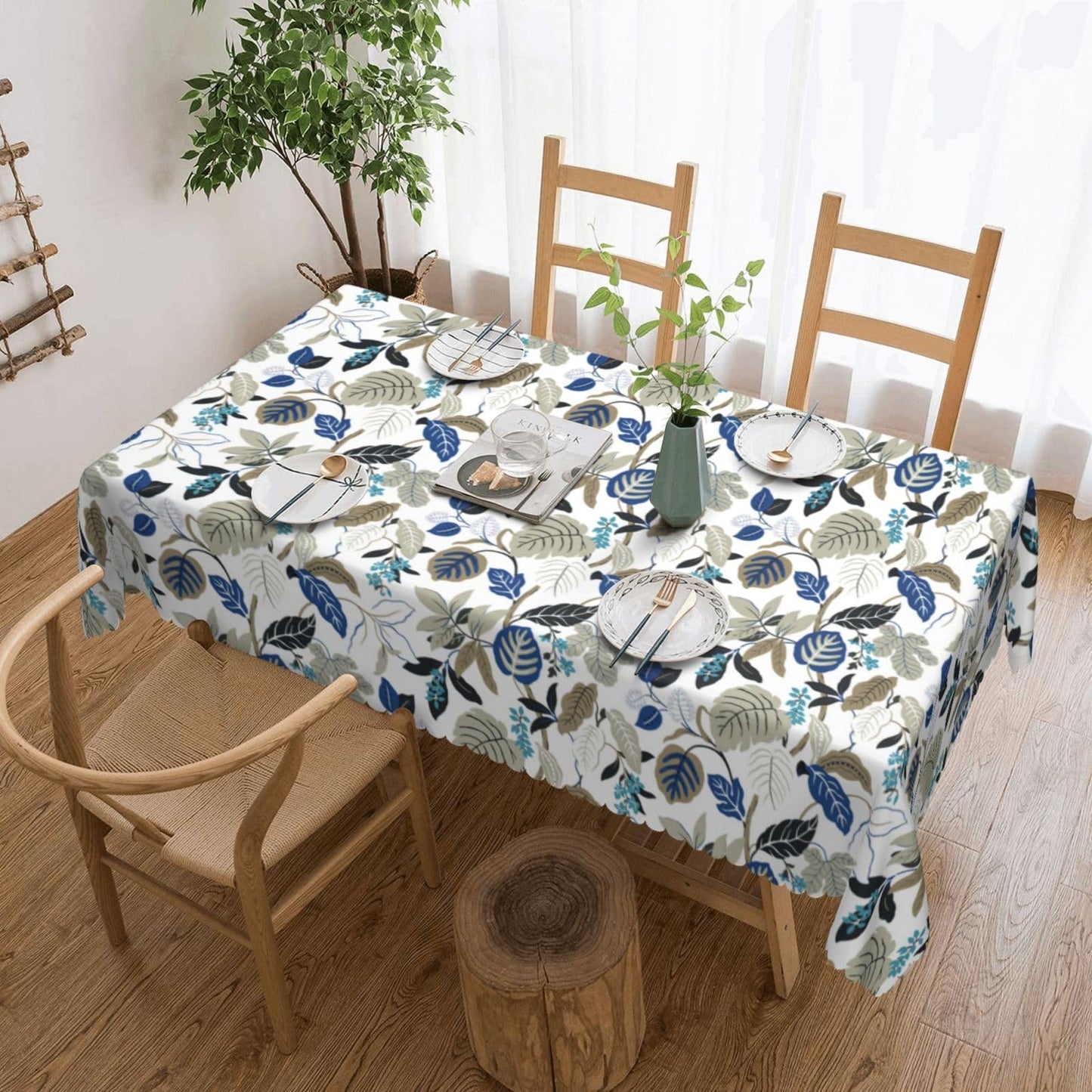 LORCARVIS Breeze Leaves Tablecloth Blue Flowers Polyester Rectangle Table Cloth Washable Seasonal Tabletop for Kitchen Dinning Party Outdoor Picnic 54 x 72 Inch Tablecloths