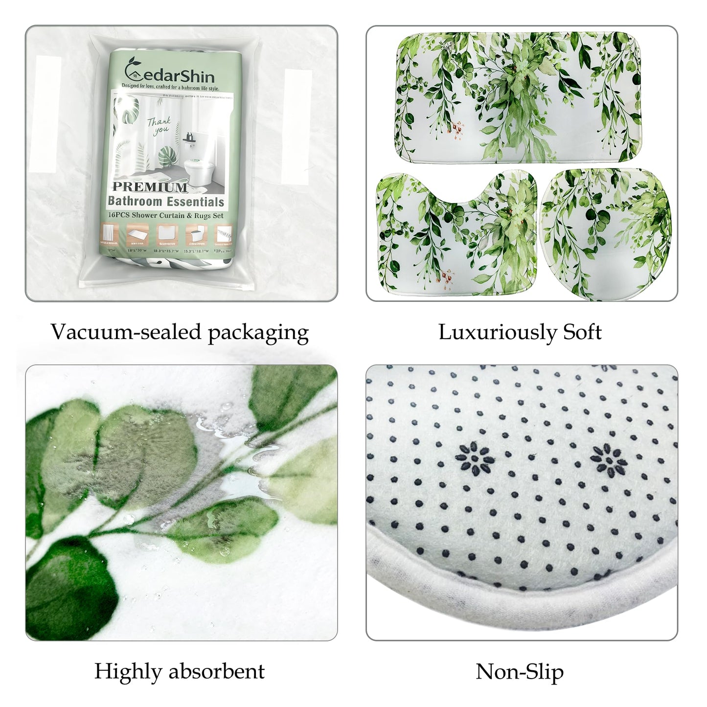 CedarShin 16 Pcs Sage Green Eucalyptus Shower Curtain Set with Rugs, Botanical Leaf Bath Curtains and Quick Absorbent Foam Mats, 120GSM Heavy-Weight Fabric Curtain with 12 Metal Hooks, 72x72 Inch