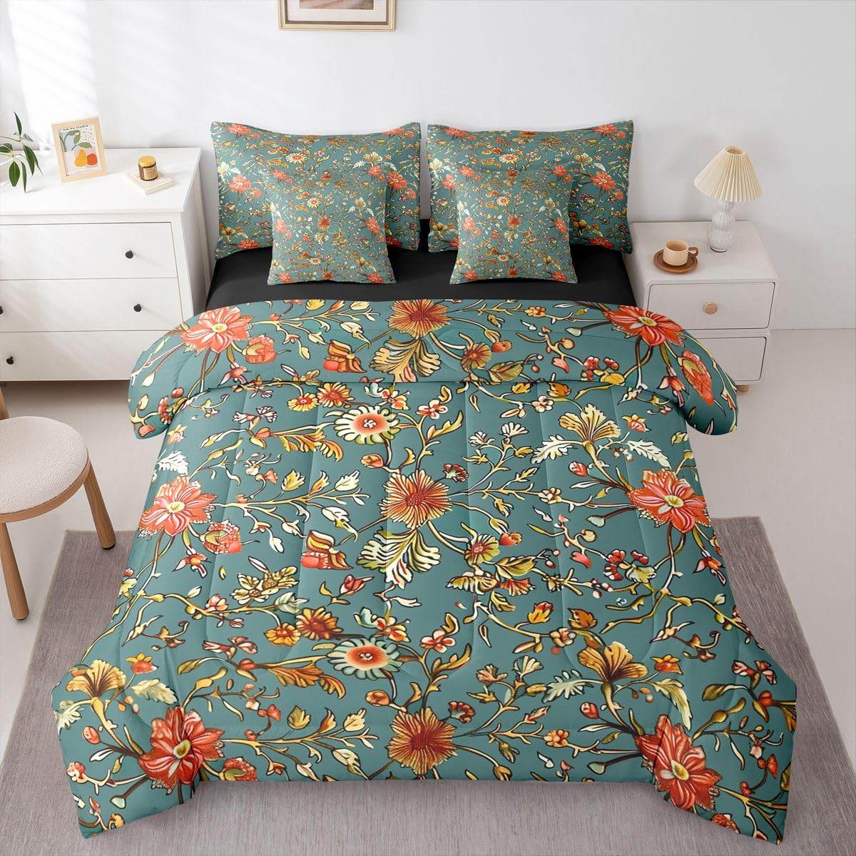 Erosebridal Flowers 7 Piece Bedding Set Twin Abstract Comforter Set with Sheets Botanical Petals Bud Daisy Farmhouse for Kids Boys Girls Hand Drawn Plants Floral Theme Bed in a Bag