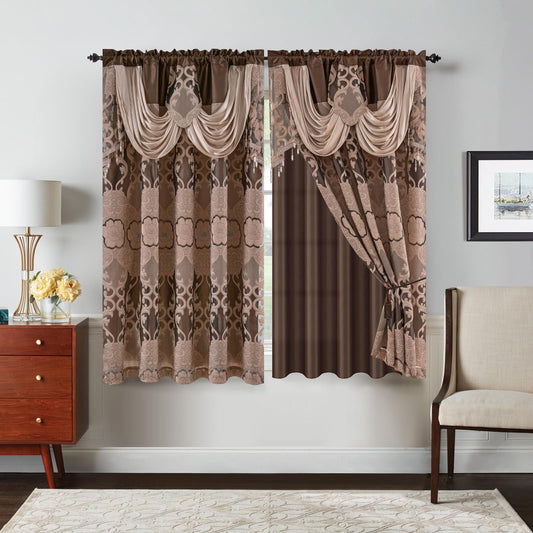 Petrichor Taupe Sheer Jacquard Voile Curtains （54" W x 63" L）, 2 Panels with Attached Valance, Double Layer Floral Cutwork Design with Luxurious Texture, Rod Pocket, for Bedroom & Living Room