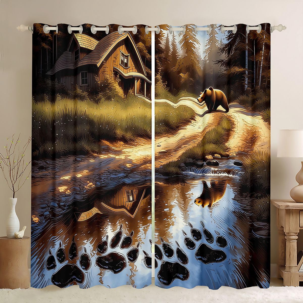 Feelyou Bear Blackout Curtains Wild Animal Darkening Drapes for Bedroom Living Room Decor Rustic Cabin Country Thermal Insulated Shades Nature Wildlife Bear Window Treatments, 2 Panels 52 x 84 Inch