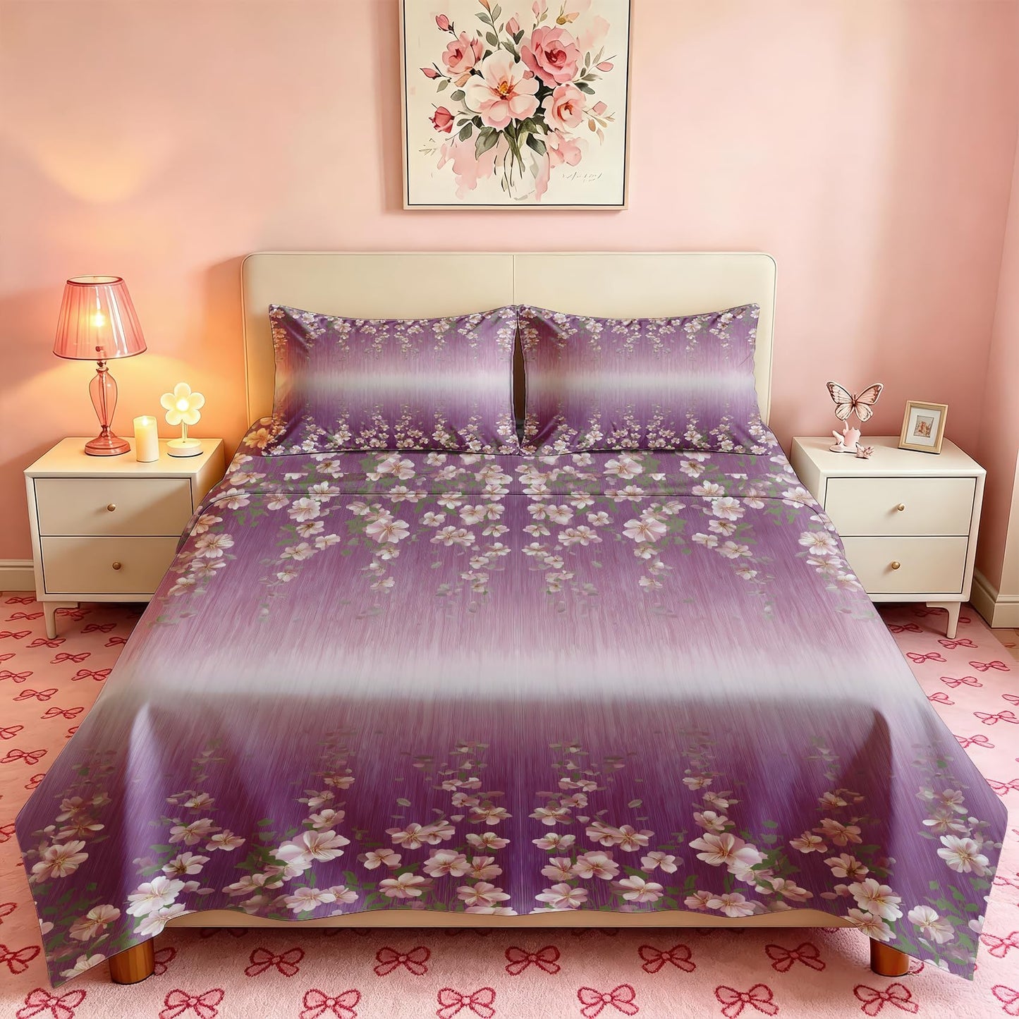 Girls Flower California King Sheet Set 4 Pcs Purple Gradient Bed Sheets