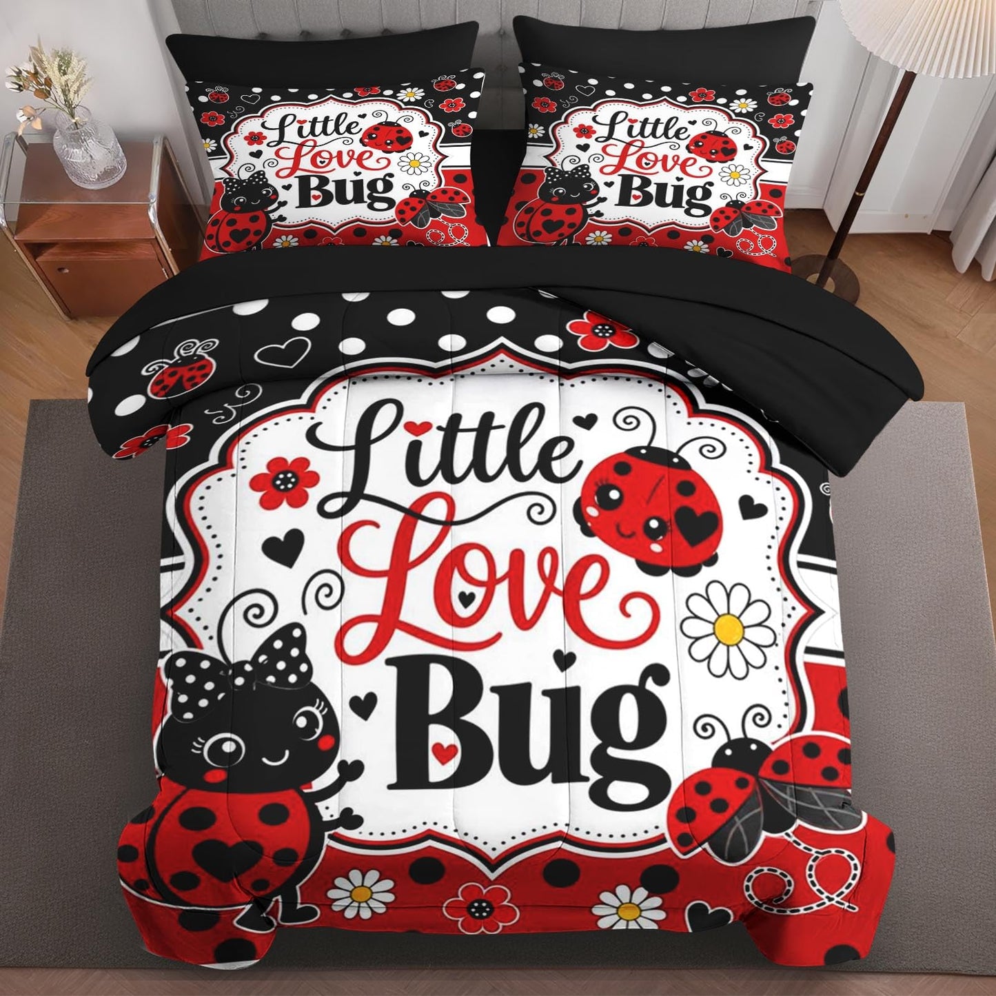 Boewywh Comforter Set Twin Size Ladybug Valentines Heart 5 Pcs, Bedding for Kids and Adults, Bed Sheet Sets with Fitted Sheet Pillowcase & Sham for Bedroom Bed Decor
