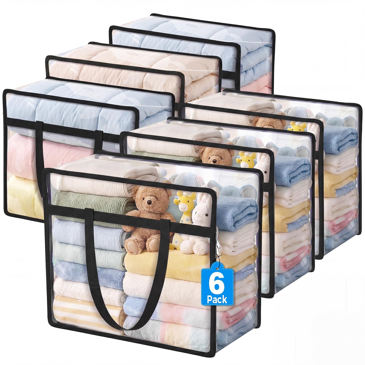 Budding Joy 6 Pack Clear Zippered Storage Bags for Clothes,40L Closet Organizers and Storage Containers Vinyl Moving Bag for Bedding, Linen, Blankets, Comforters, Clothing & Toys, Black