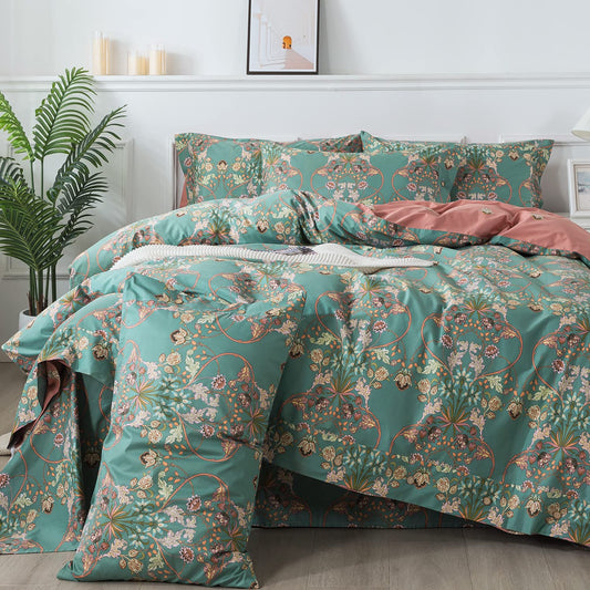 FADFAY Duvet Cover Set Floral Bedding Button Closure Full Premium 100% Cotton 600 TC Shabby Vintage Reversible Blue Orange Comforter Cover Luxury Boho Quilt Cover Soft Breathable 3Pcs