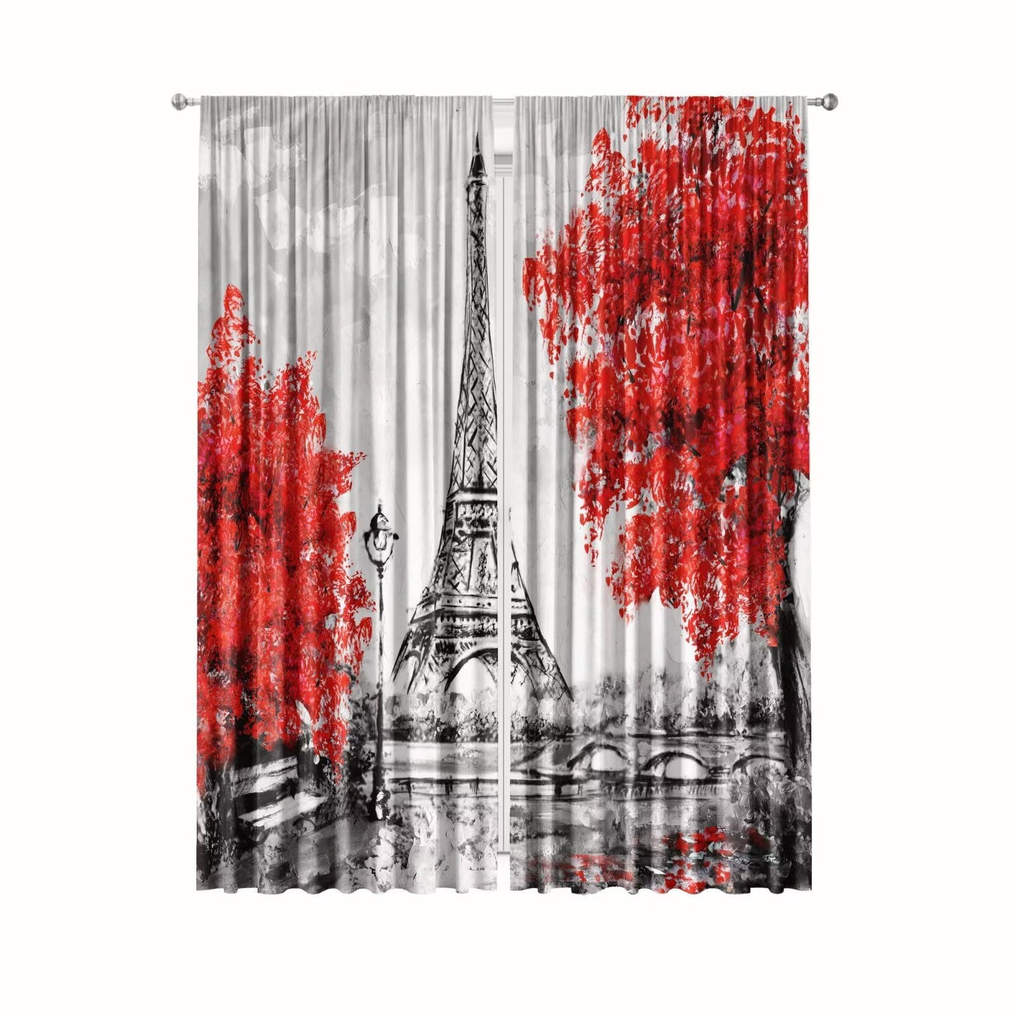 Paris Eiffel Tower Blackout Curtains, Romantic French Famous Place Landmark Red Flower Abstract Art Oil Painting Print Decor Window Treatments, Drapes for Girls Room Bedroom, 42 x 45 inch 2 Panels