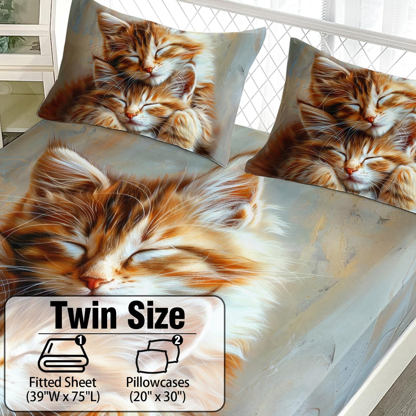 AILONEN Kawaii Cat Fitted Sheet Set Twin,Cute Orange Kitten Bedding for Kids Boys Girls,3 Piece Artistic Oil Painting Bedroom Decor with 2 Pillowcases,16" Deep Pocket