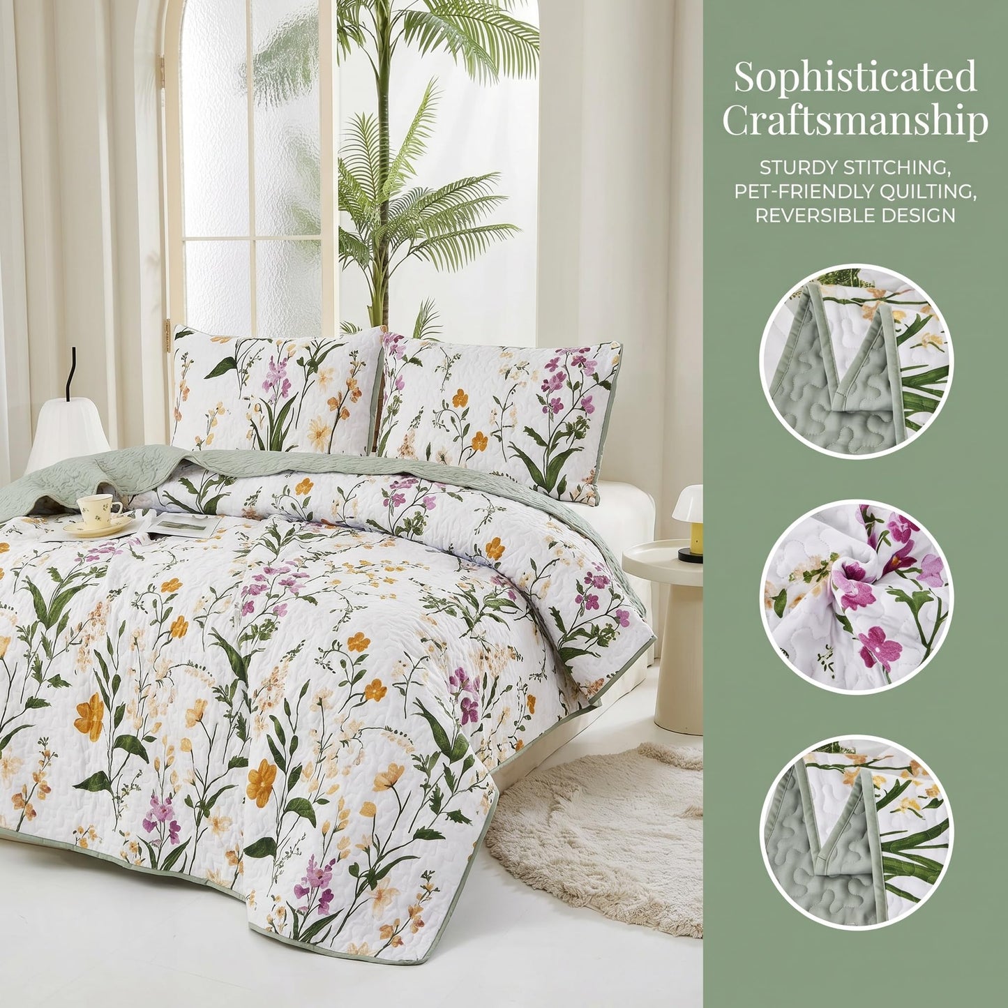 SANOCAY Boho Floral Quilt Set King Size 3 Piece Lightweight Summer Bedding Set with 2 Pillow Shams Soft Reversible Microfiber Bedspread Farmhouse Coverlet for All Season (Minimalist Floral, King)