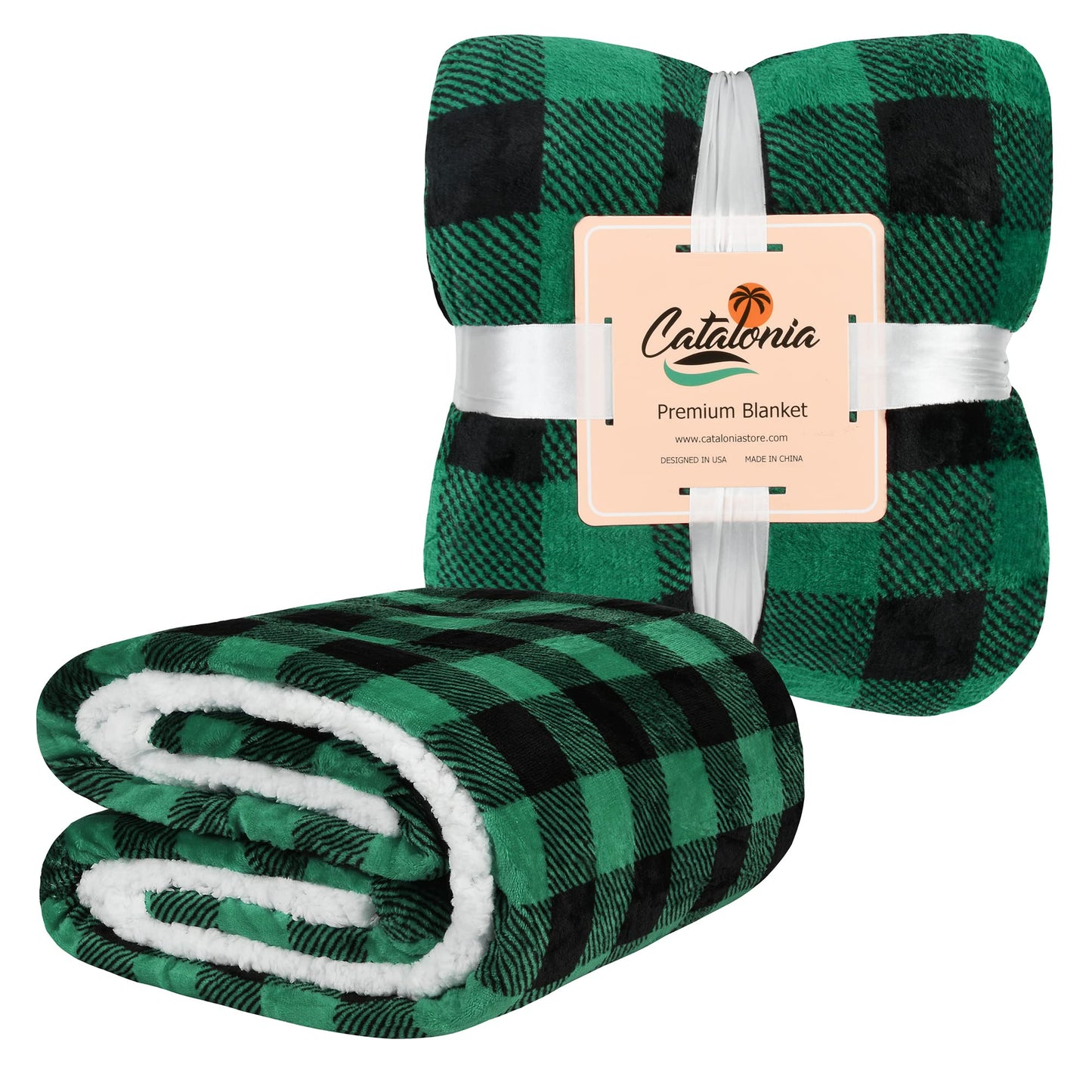 Catalonia Buffalo Plaid Green Sherpa Throw Blanket, Reversible Soft Fuzzy Comfy Snuggly Throws for Couch, 50x60 inches, St. Patrick Gift