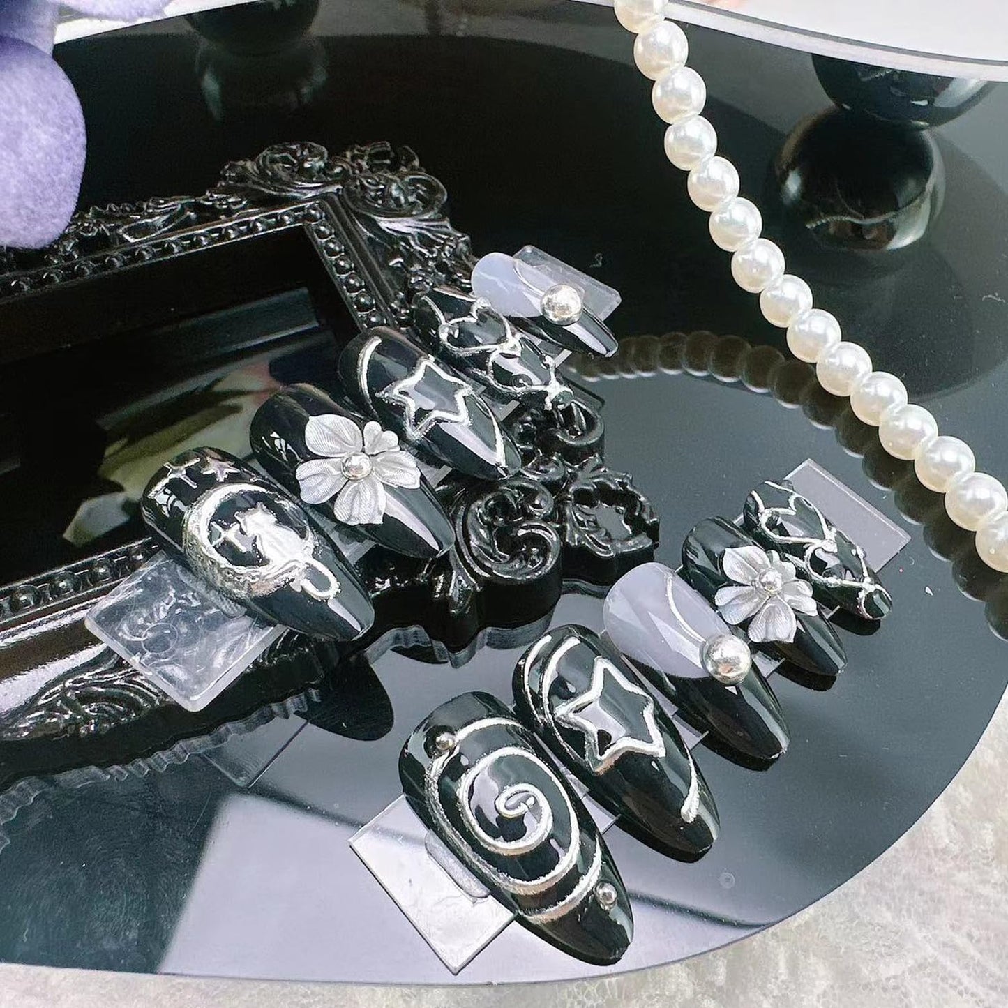 Black Chrome Press on Nails - Medium Almond Gothic Fake Nails with 3D Flower Cat Star Silver Heart Rhinestones Designs, Handmade Y2K Sweet Cool False Acrylic Nails for Women Daily Party 24Pcs Nail Kit