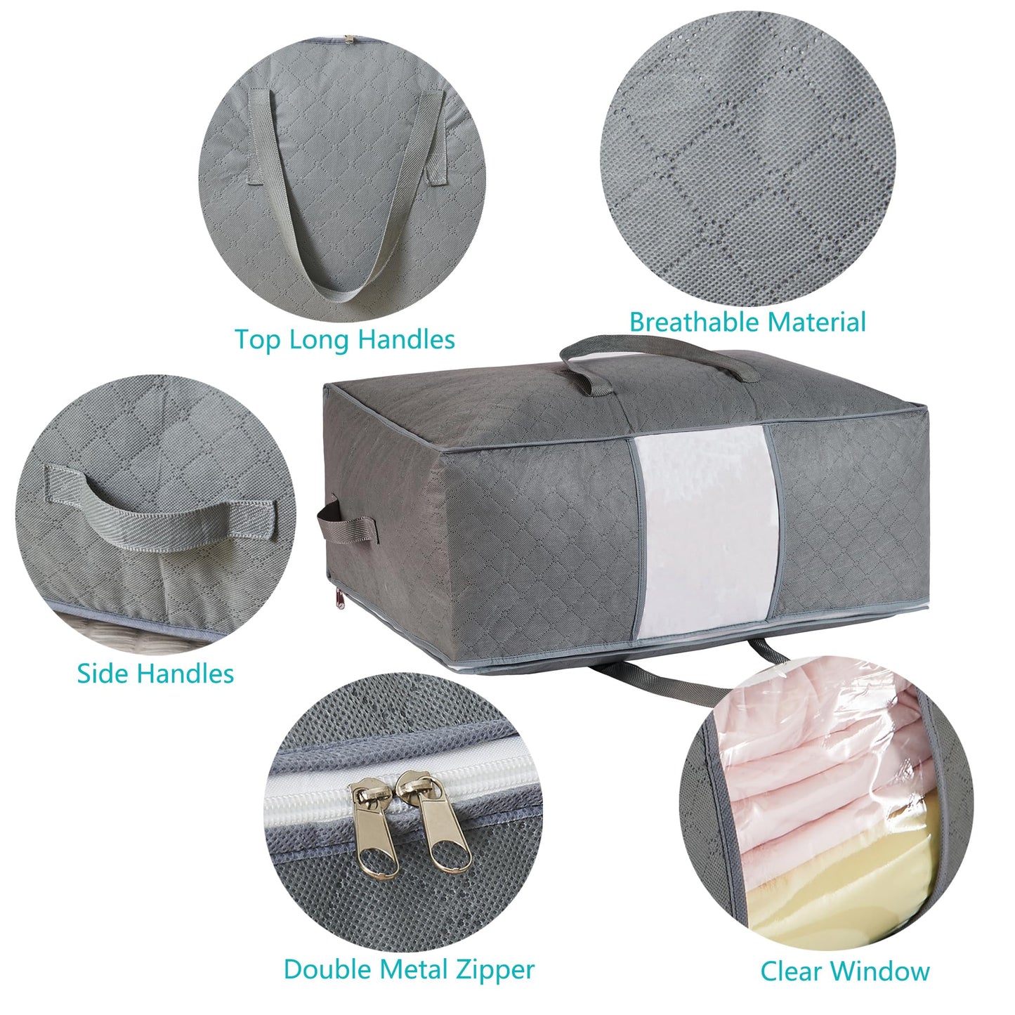 105L Extra Large Storage Bags for Blankets, King Comforters, Bedding, Clothes, Pillows, Sheets - Closet Organizers and Storage with 4 Handles & Clear Window, Foldable & Breathable (Grey, 2pack)
