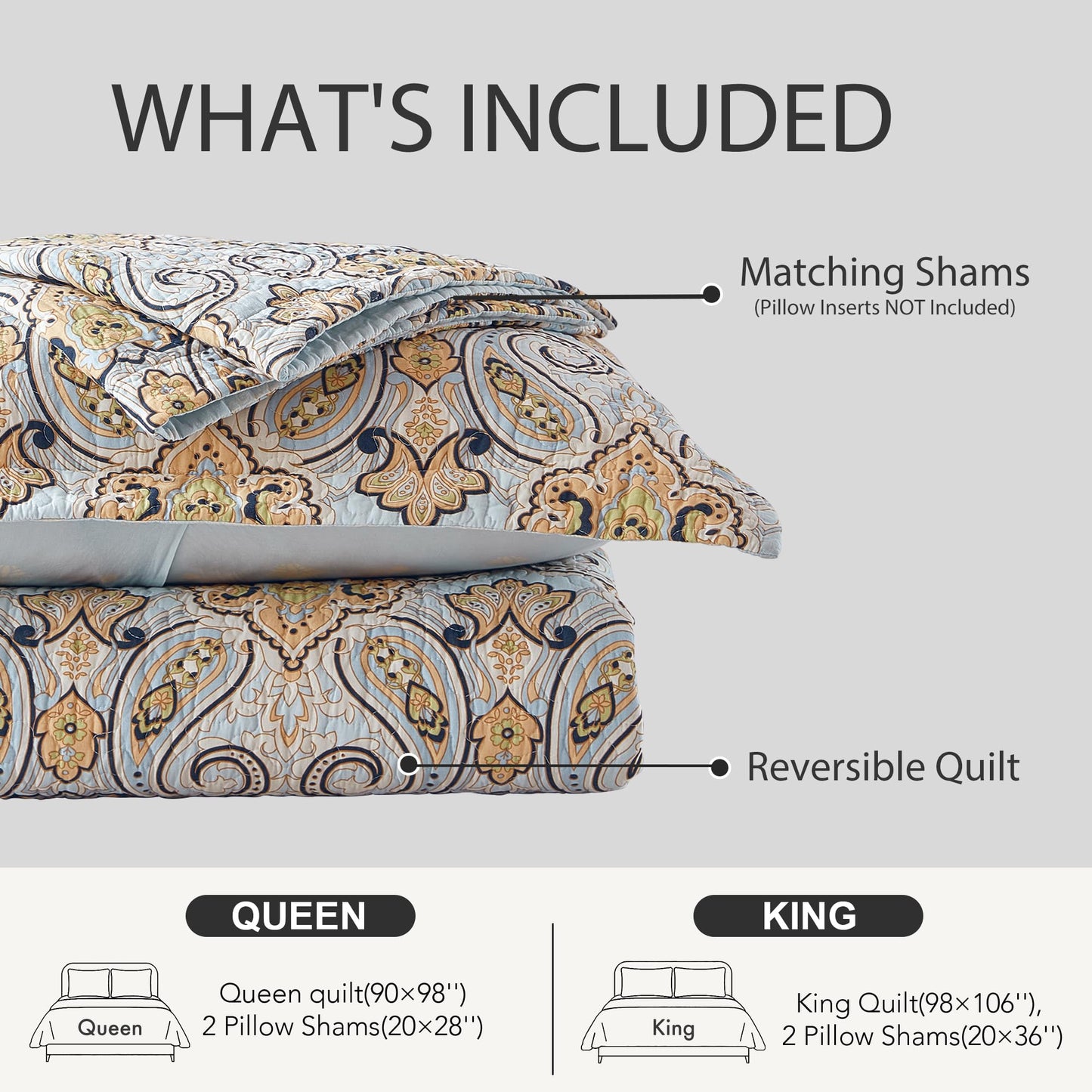 BCOTTOND Paisley King Size Quilt Set - Reversible Paisley Floral Quilts King Size, 100% Cotton Lightweight Bedspread Set, Luxury Quilt Bedding Set for King Bed, Sky Blue & Soft Orange, 106×98