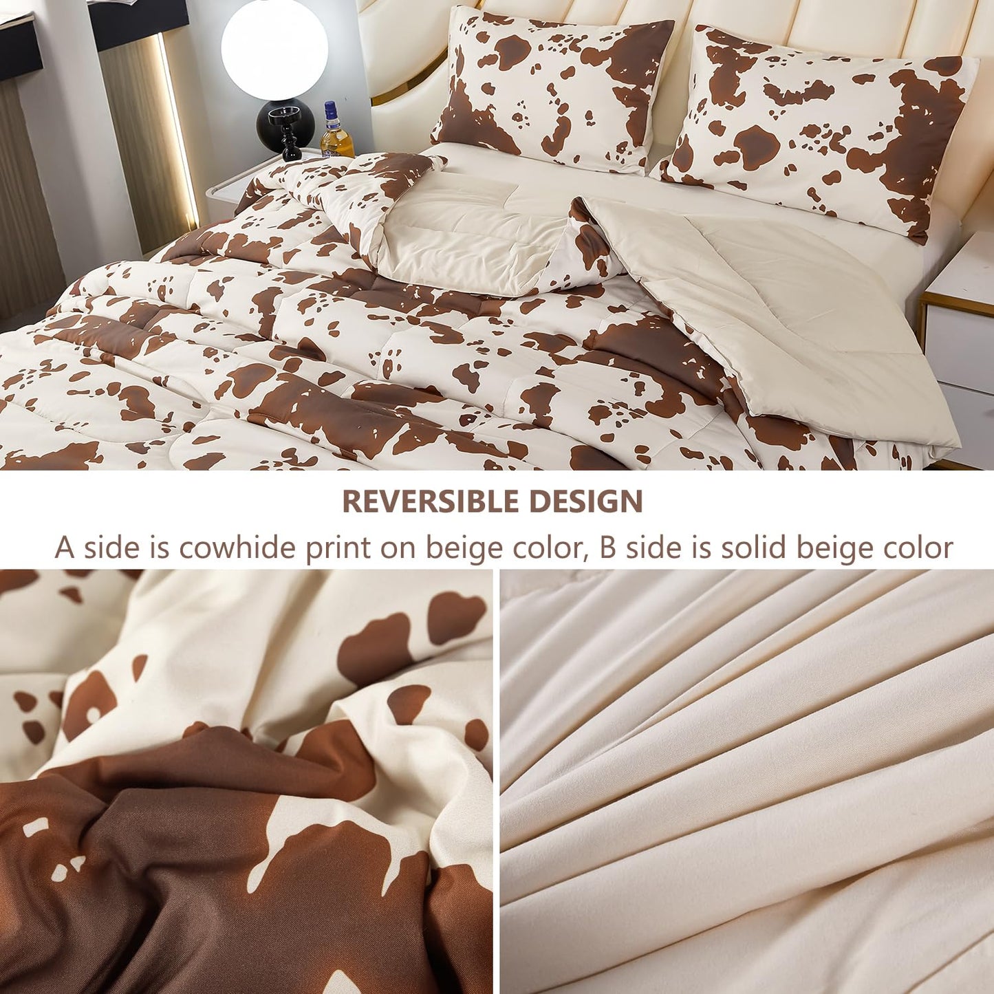 PERFEMET 3 Pieces Cow Print Queen Comforter Set, Brown and Beige Teens Boys Girls Bedding Set, Farmhouse Western Comforter Set for Queen Size Bed (Beige,Queen)