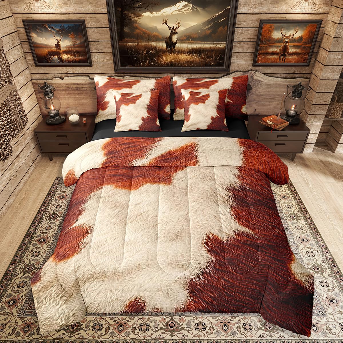 Erosebridal Brown Cowhide Bed in A Bag King Size Cow Print Kids Comforter Set 7 Piece Rustic Western Cowboy Bedding Set for Boys Teens Adult Bedroom Decor Farm Animal Fur Farmhouse Sheets